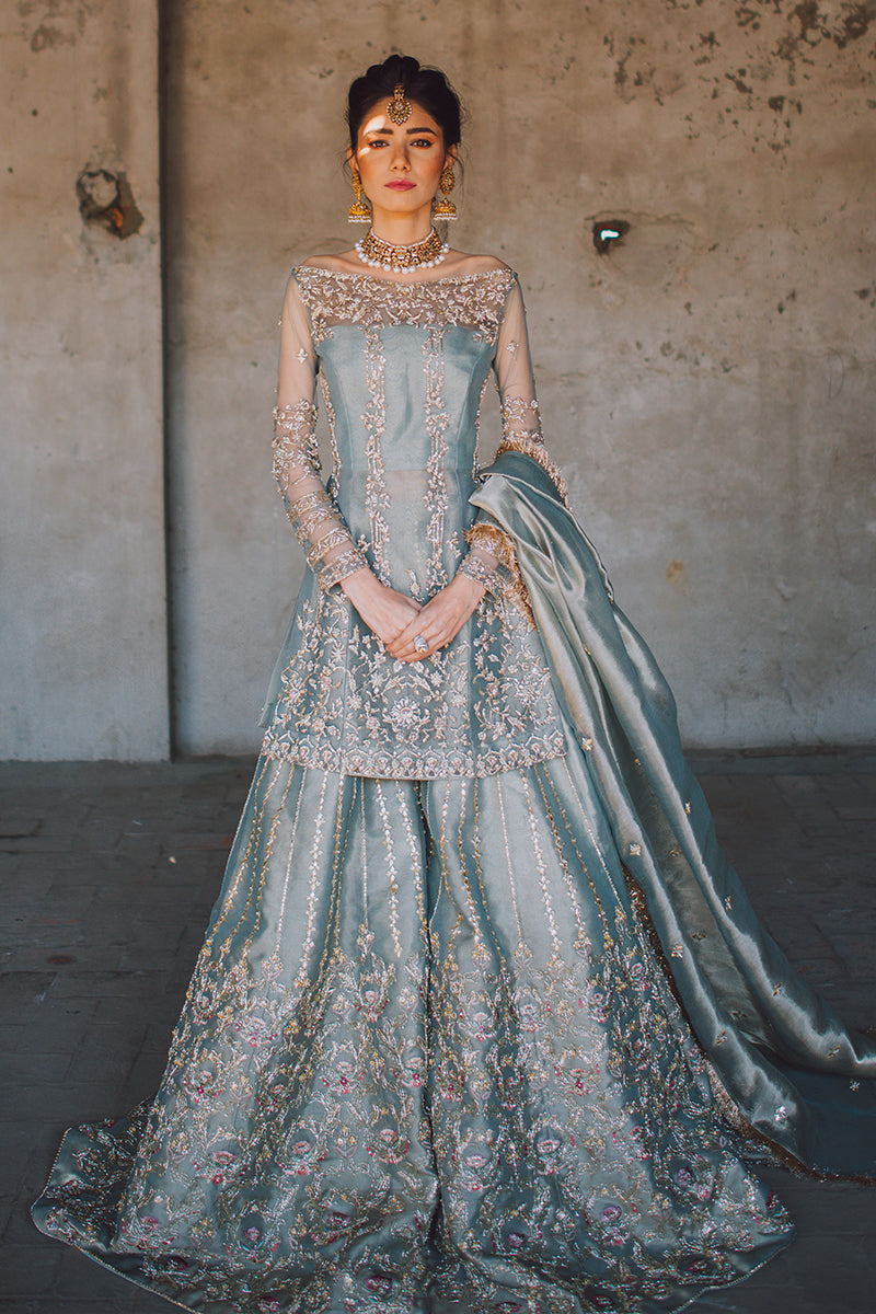 Pakistani Ice Blue Zardozi Gota Net & Tissue Sharara (3-Piece) - Image 1