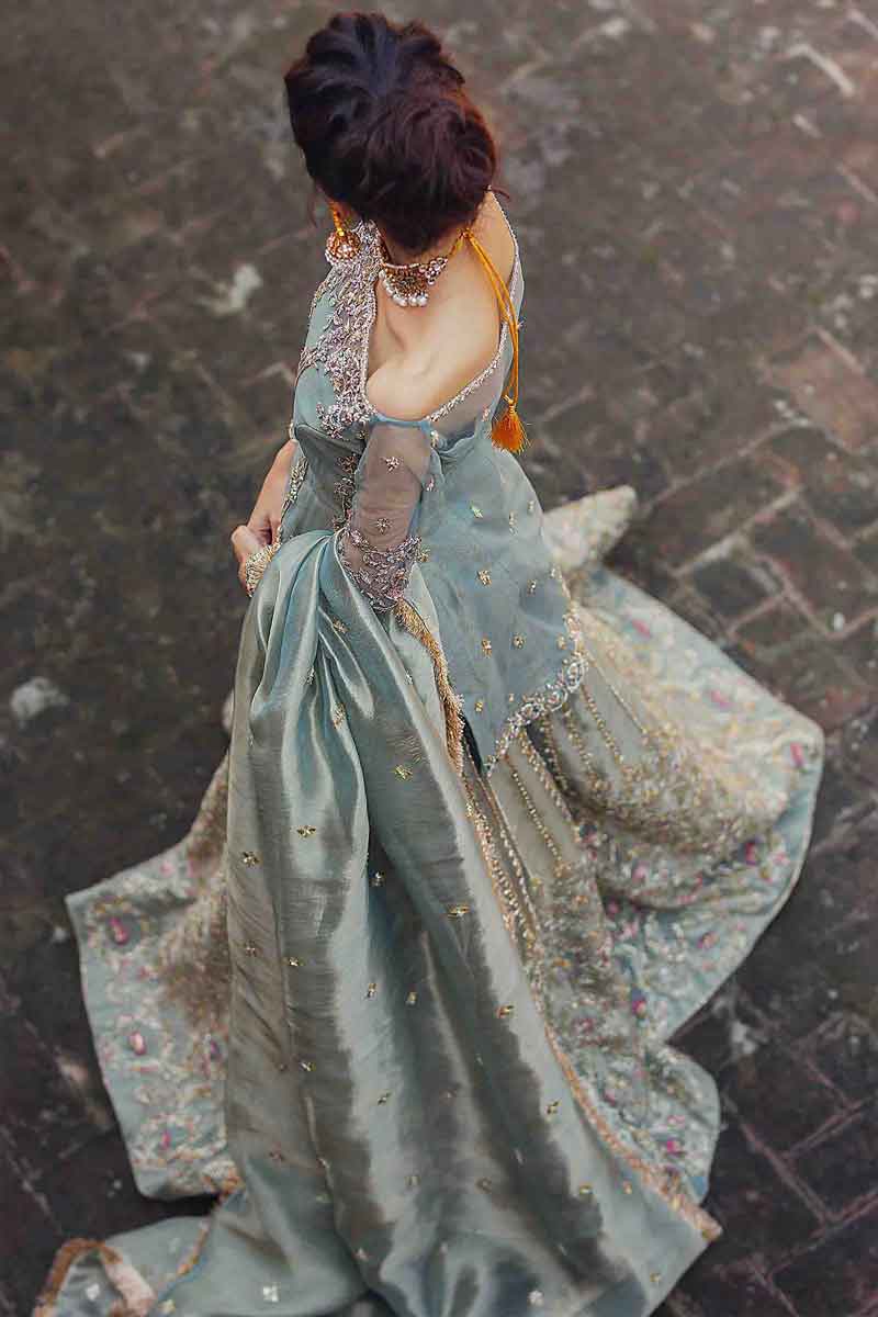 Pakistani Ice Blue Zardozi Gota Net & Tissue Sharara (3-Piece) - Image 3