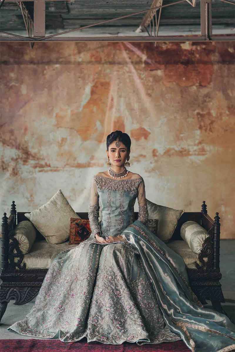 Pakistani Ice Blue Zardozi Gota Net & Tissue Sharara (3-Piece) - Image 4