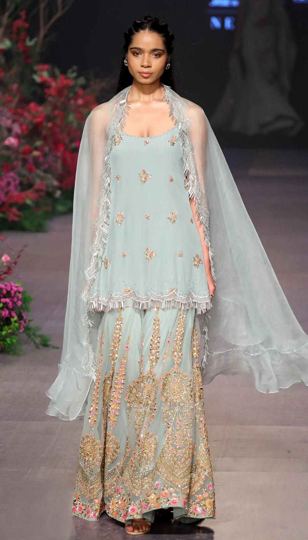 Powder Blue Embroidered Tulle & Crepe Silk Sharara (3-Piece) - Image 1