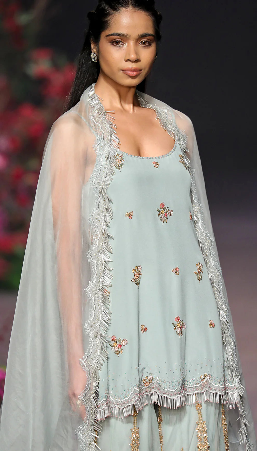 Powder Blue Embroidered Tulle & Crepe Silk Sharara (3-Piece) - Image 2