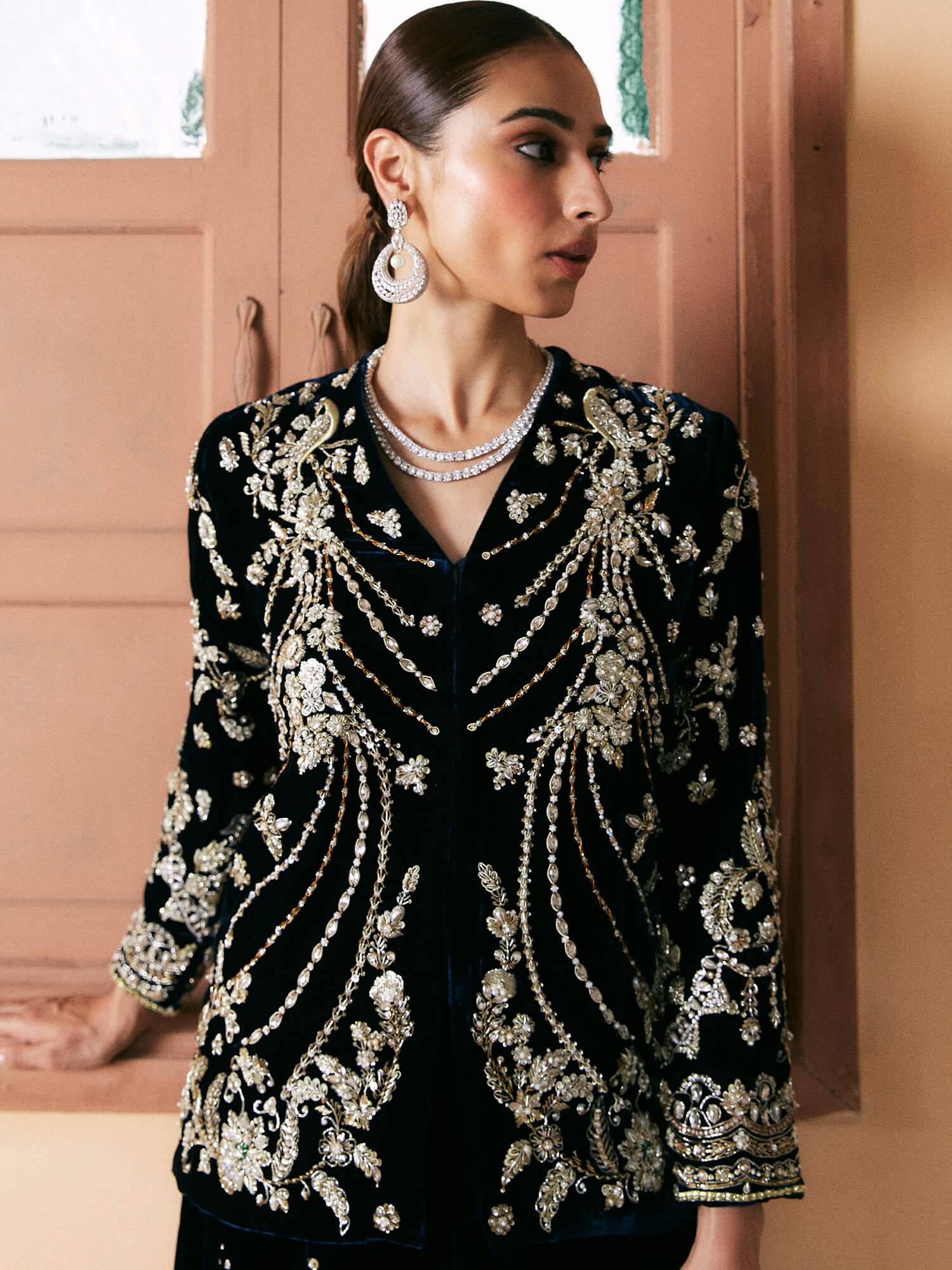 Midnight Blue Embellished Velvet & Khaddi Silk Sharara (3-Piece) - Image 2