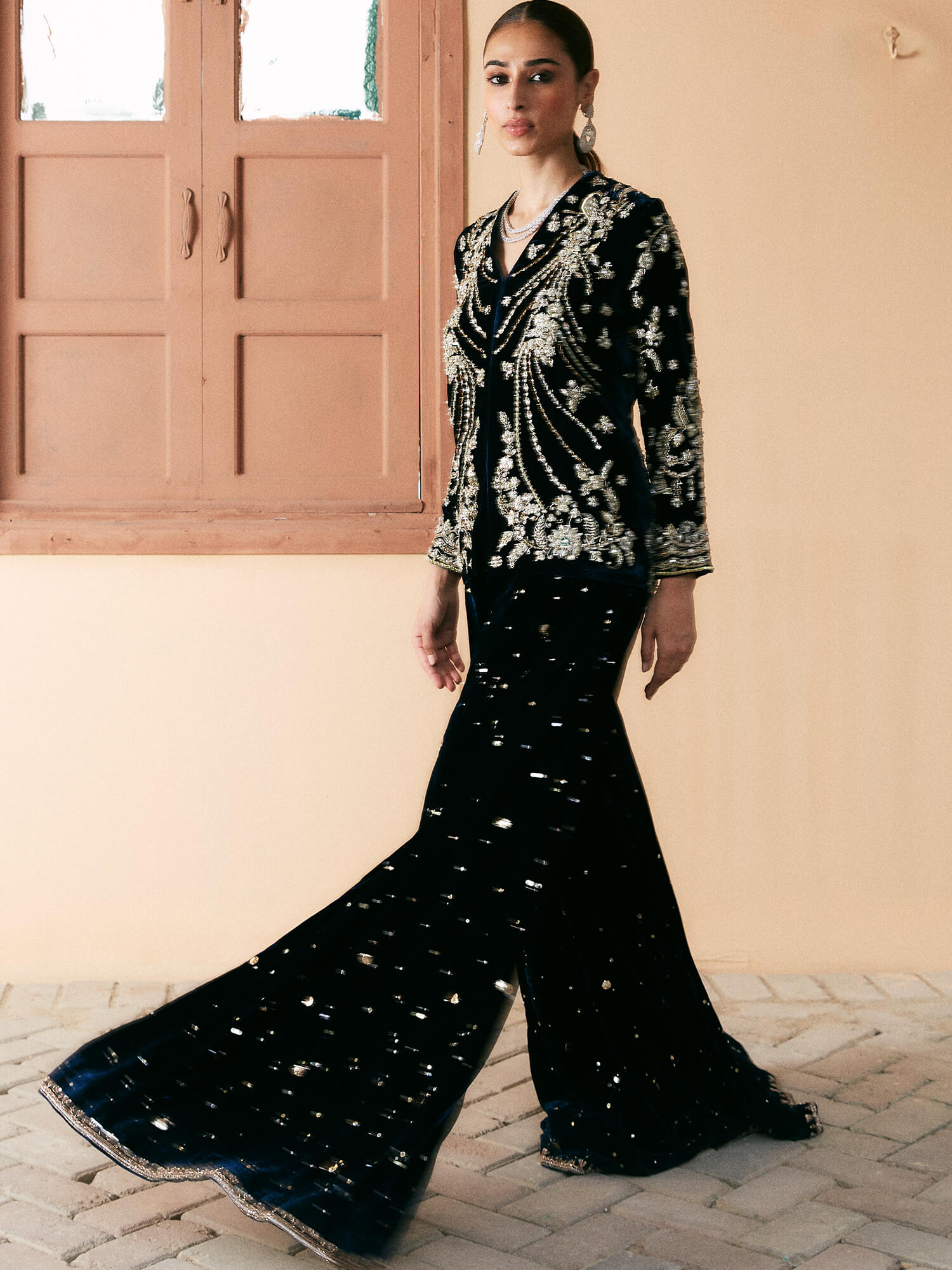 Midnight Blue Embellished Velvet & Khaddi Silk Sharara (3-Piece) - Image 4