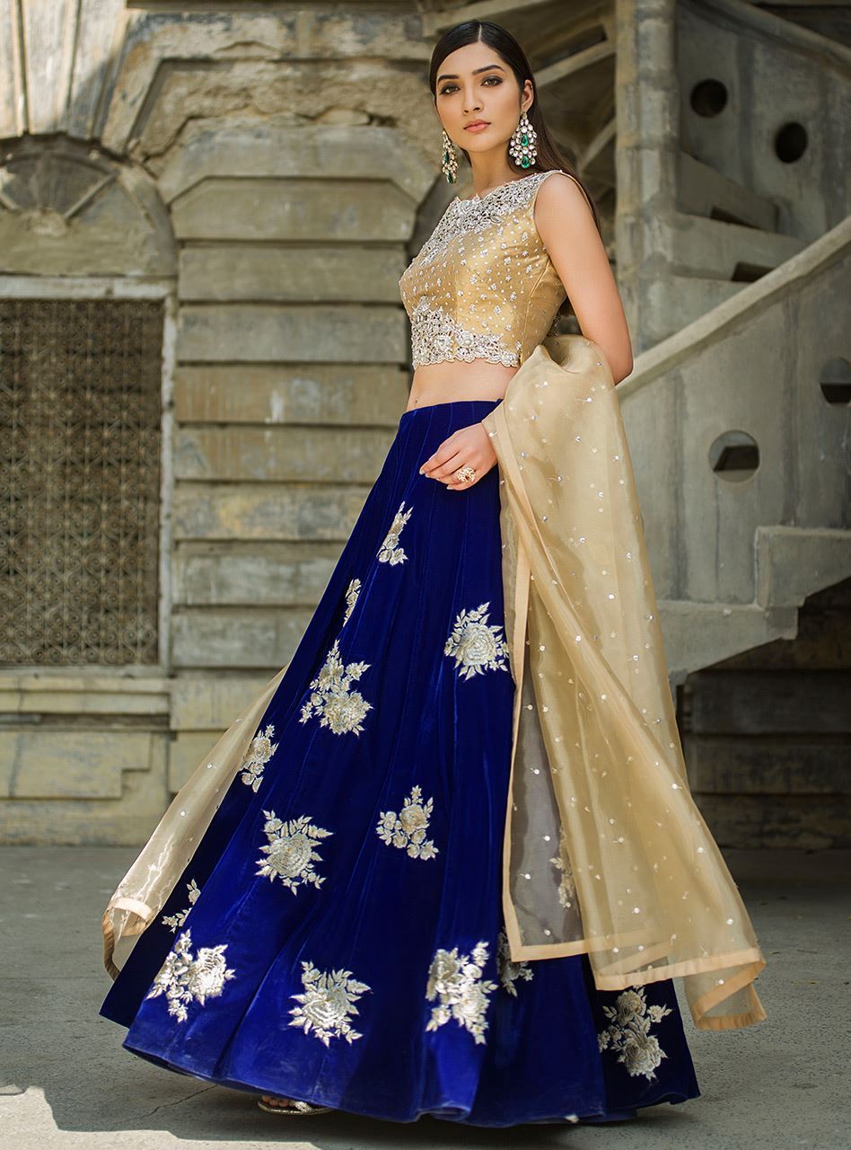 Pakistani Cobalt Blue Embroidered Velvet Sharara (3-Piece) - Image 2