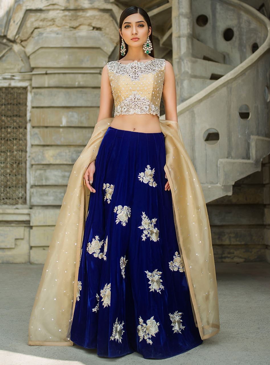 Pakistani Cobalt Blue Embroidered Velvet Sharara (3-Piece) - Image 1