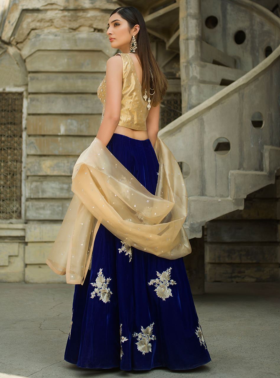 Pakistani Cobalt Blue Embroidered Velvet Sharara (3-Piece) - Image 3