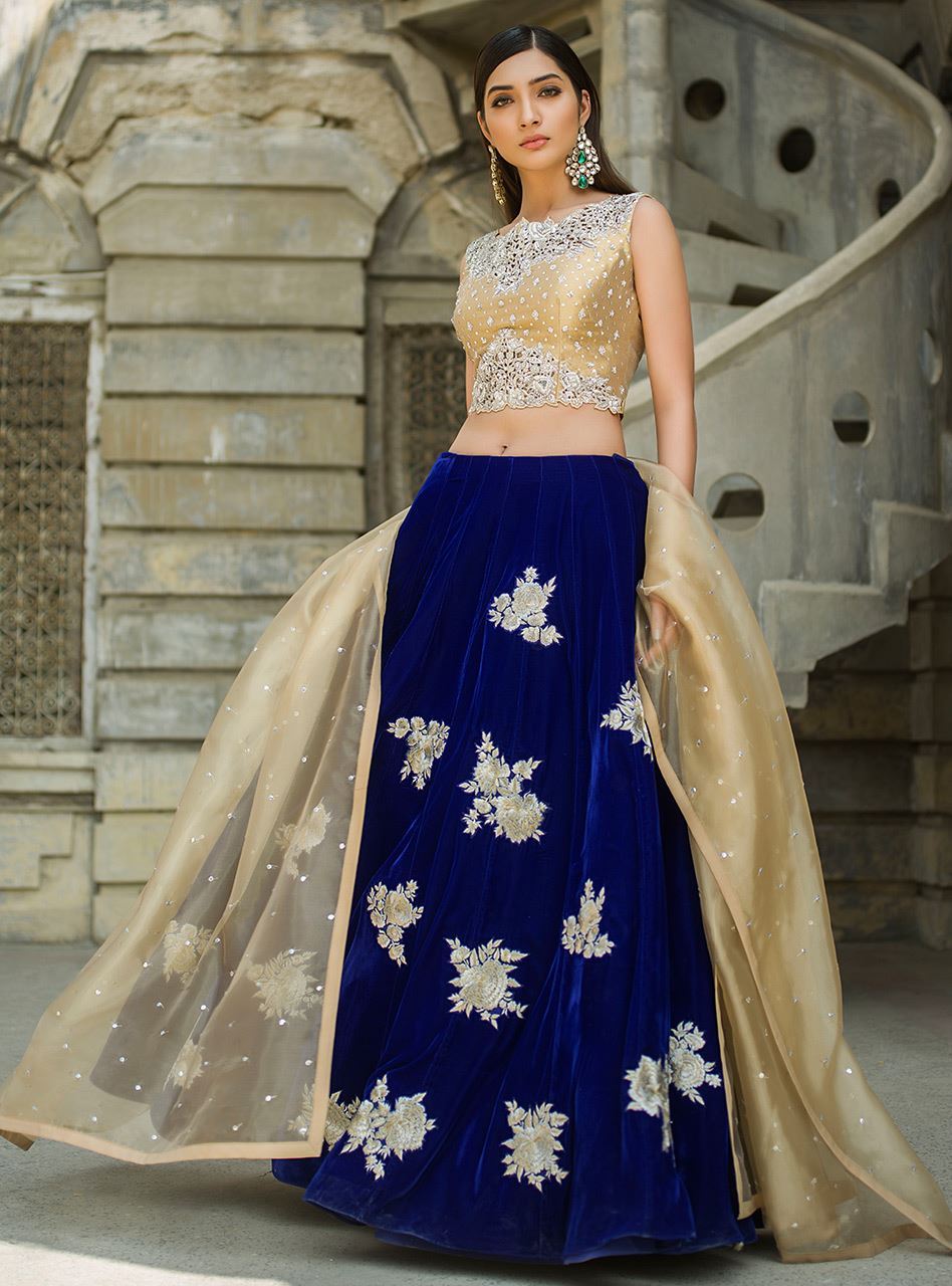 Pakistani Cobalt Blue Embroidered Velvet Sharara (3-Piece) - Image 4