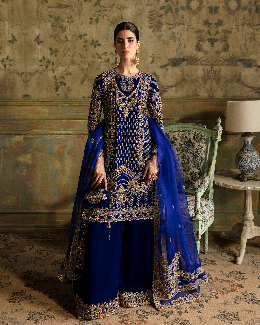 Electric Blue Embellished Velvet Sharara (3-Piece) - Image 1