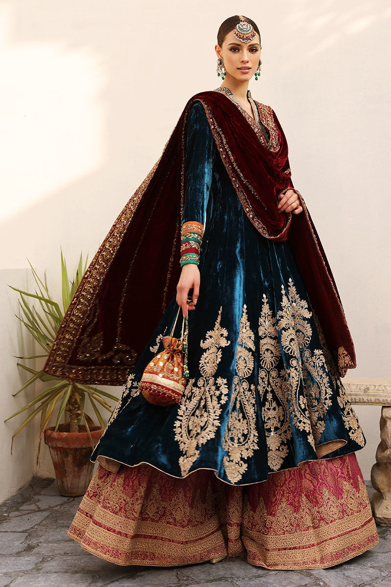 Pakistani Moroccan Blue Gold Embroidered Velvet Kalidaar Sharara (3-Piece) - Image 1