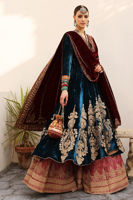 Pakistani Moroccan Blue Gold Embroidered Velvet Kalidaar Sharara (3-Piece) - Image 2
