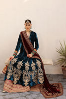 Pakistani Moroccan Blue Gold Embroidered Velvet Kalidaar Sharara (3-Piece) - Image 3