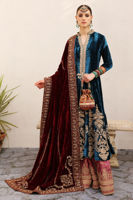 Pakistani Moroccan Blue Gold Embroidered Velvet Kalidaar Sharara (3-Piece) - Image 4