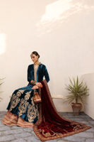 Pakistani Moroccan Blue Gold Embroidered Velvet Kalidaar Sharara (3-Piece) - Image 5