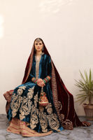Pakistani Moroccan Blue Gold Embroidered Velvet Kalidaar Sharara (3-Piece) - Image 7