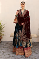 Pakistani Moroccan Blue Gold Embroidered Velvet Kalidaar Sharara (3-Piece) - Image 9