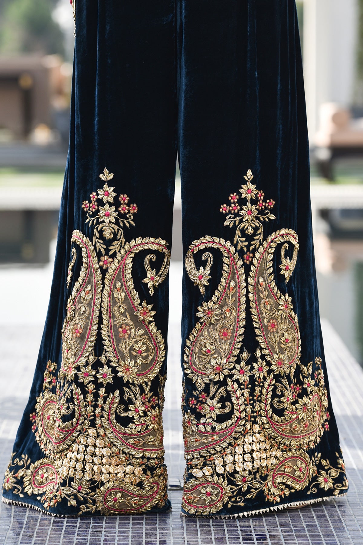 Pakistani Deep Blue Gota Tilla Velvet Sharara Pants (1-Pc) - Image 1