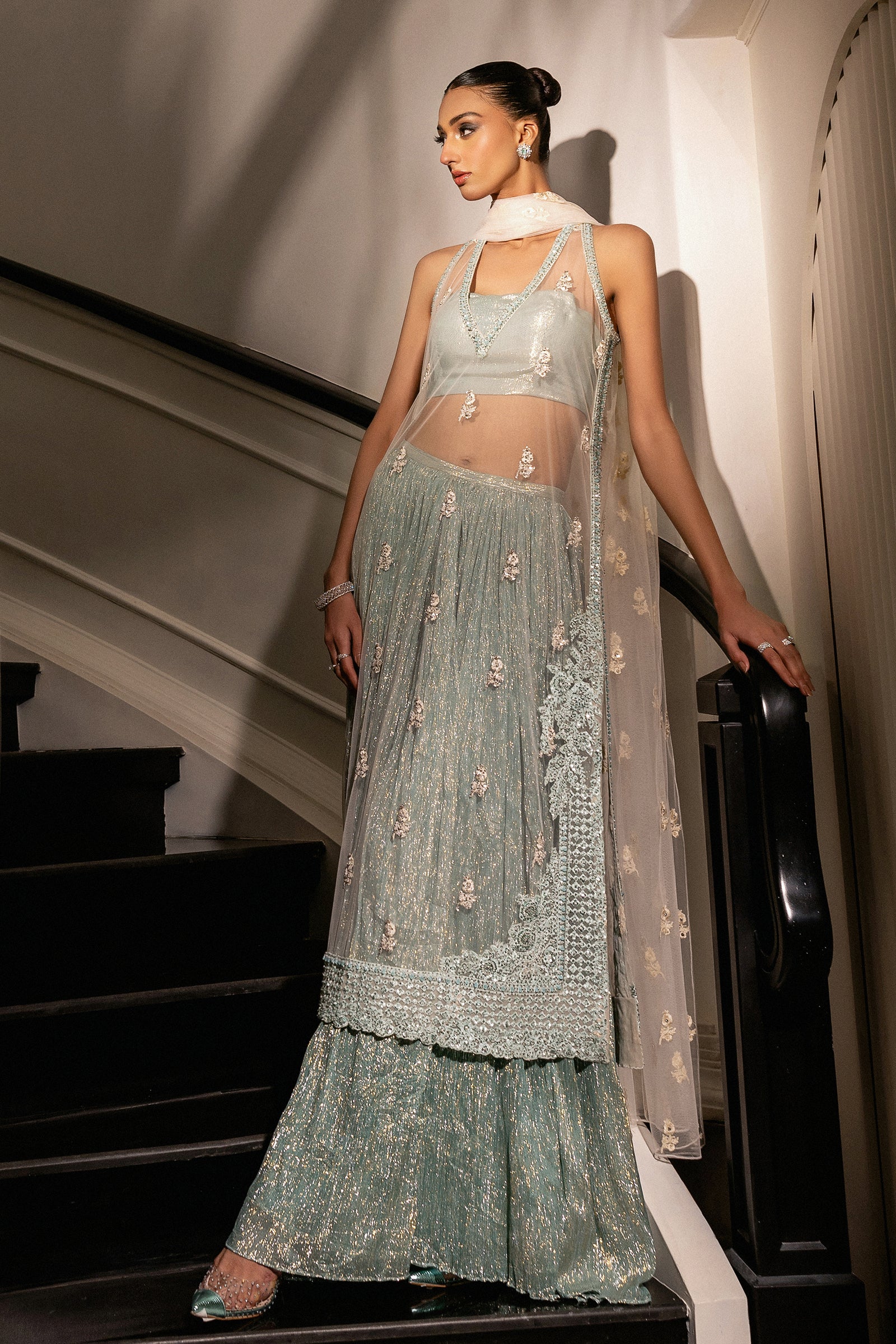 Aqua Zari Embellished Net Sharara Set (3-Piece) - Image 1