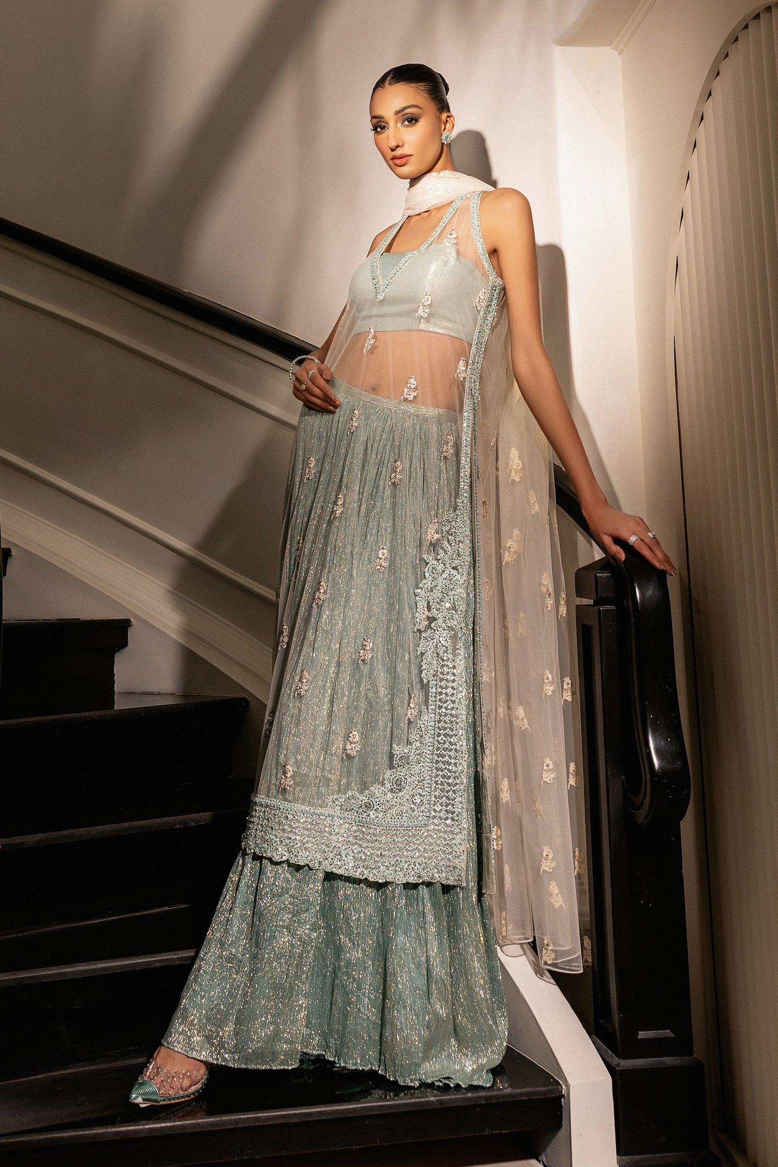 Aqua Zari Embellished Net Sharara Set (3-Piece) - Image 10