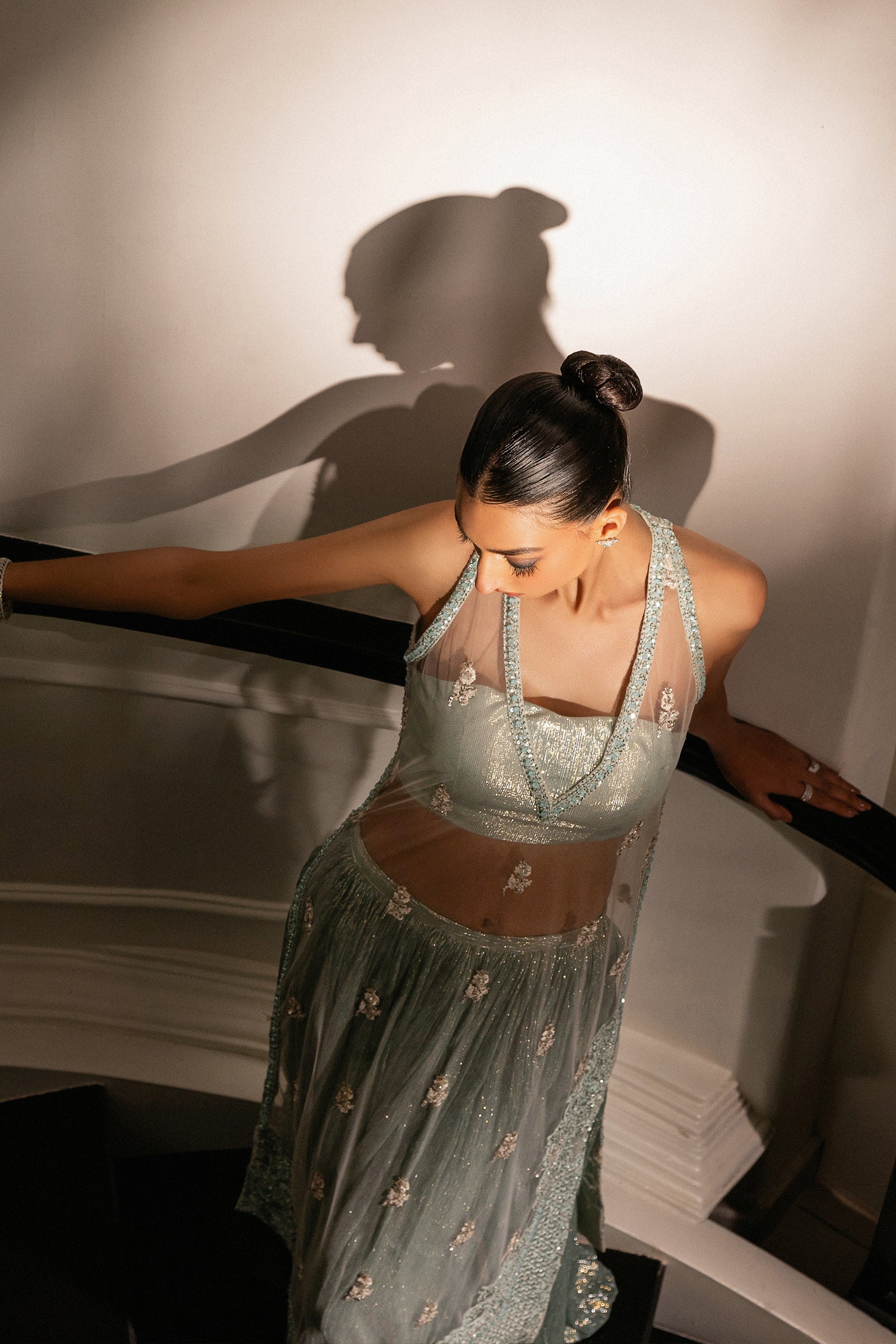 Aqua Zari Embellished Net Sharara Set (3-Piece) - Image 6