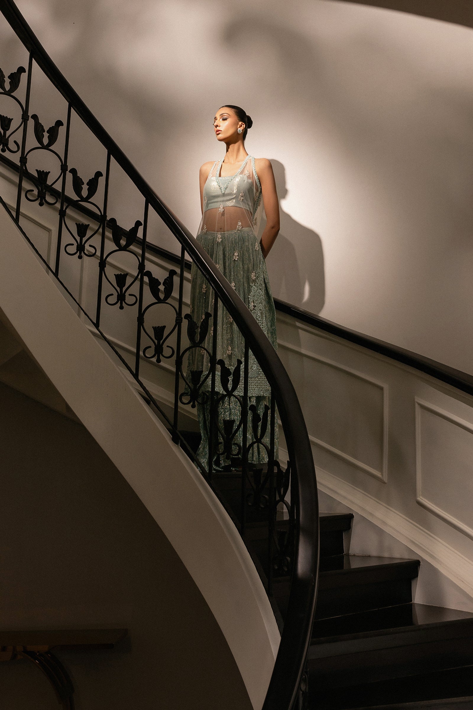 Aqua Zari Embellished Net Sharara Set (3-Piece) - Image 7