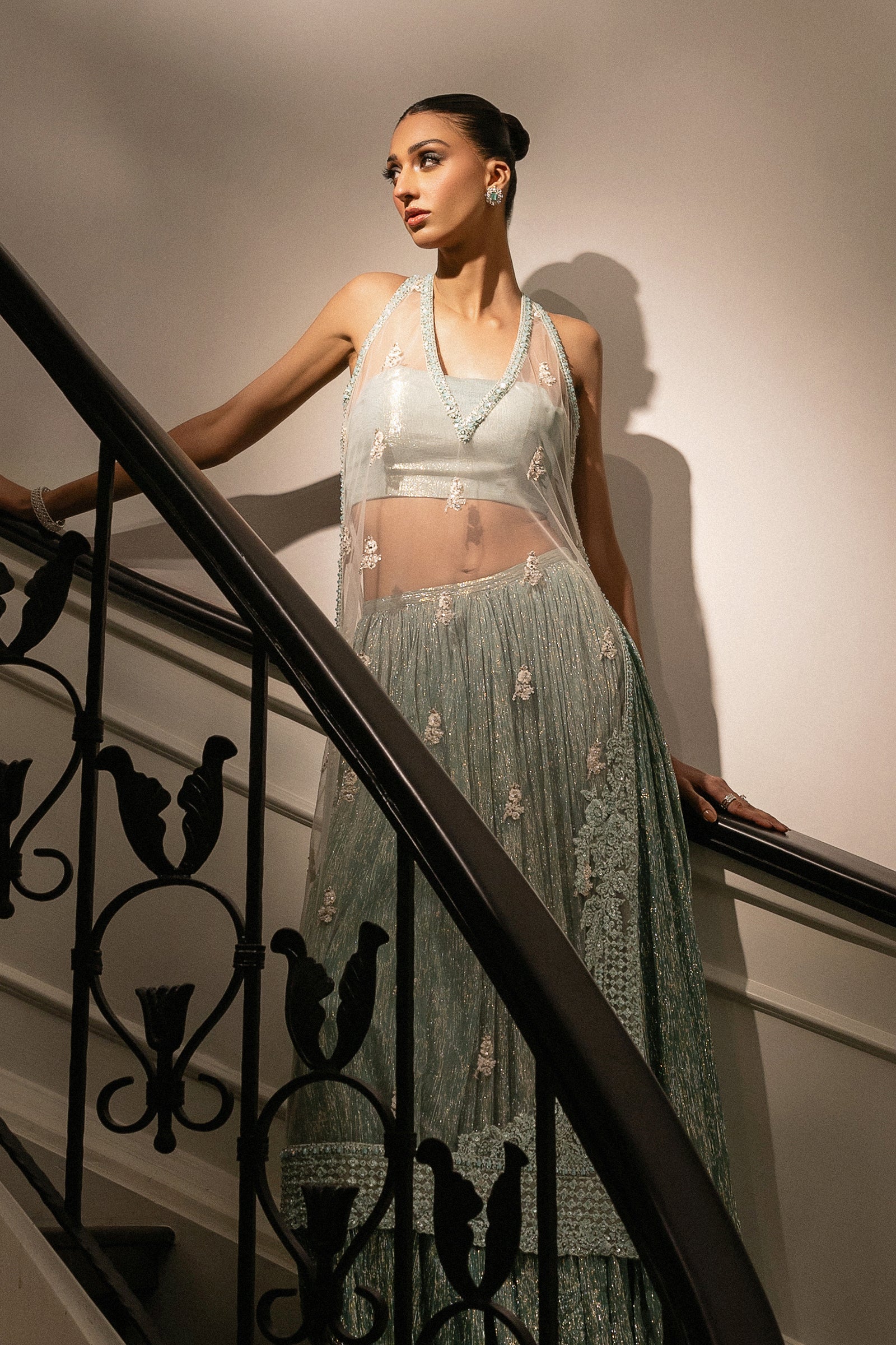 Aqua Zari Embellished Net Sharara Set (3-Piece) - Image 8