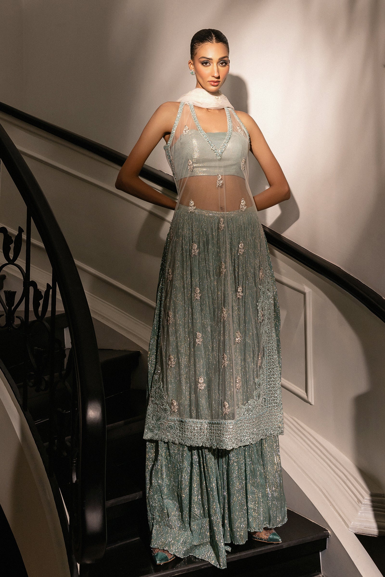 Aqua Zari Embellished Net Sharara Set (3-Piece) - Image 9