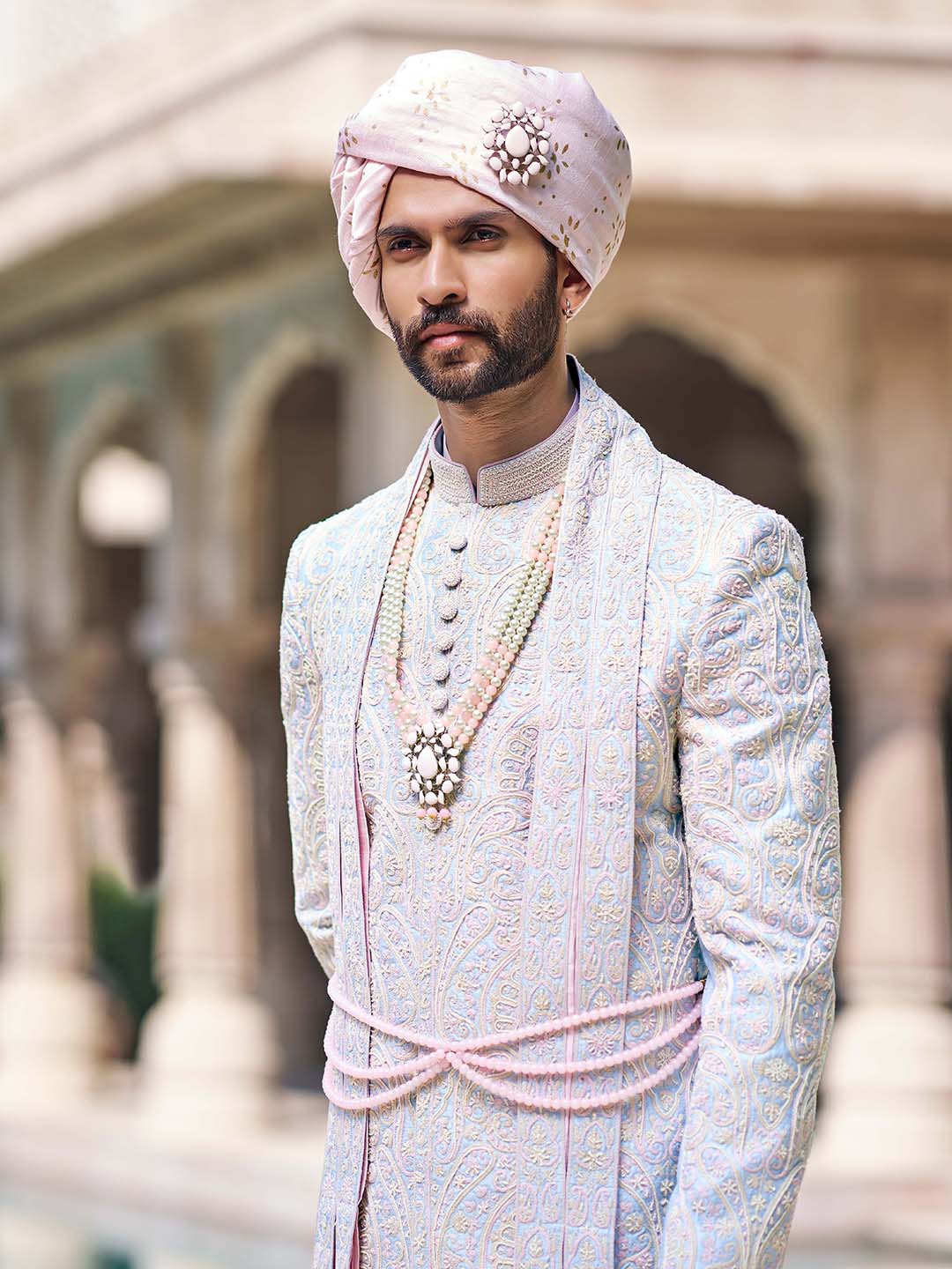 Pastel Blue Paisley Embroidered Raw Silk Sherwani (3-Piece) - Image 2