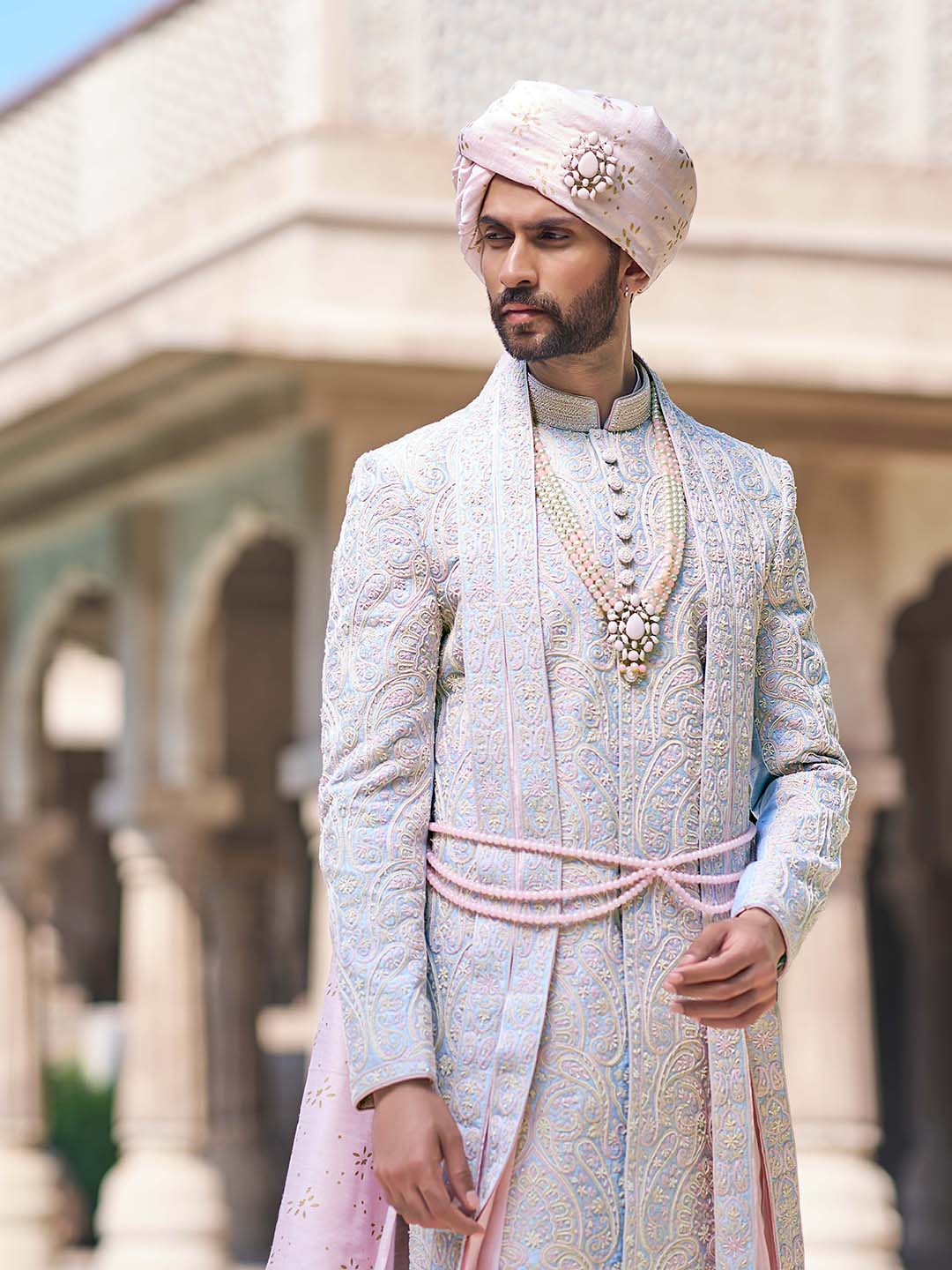 Pastel Blue Paisley Embroidered Raw Silk Sherwani (3-Piece) - Image 4
