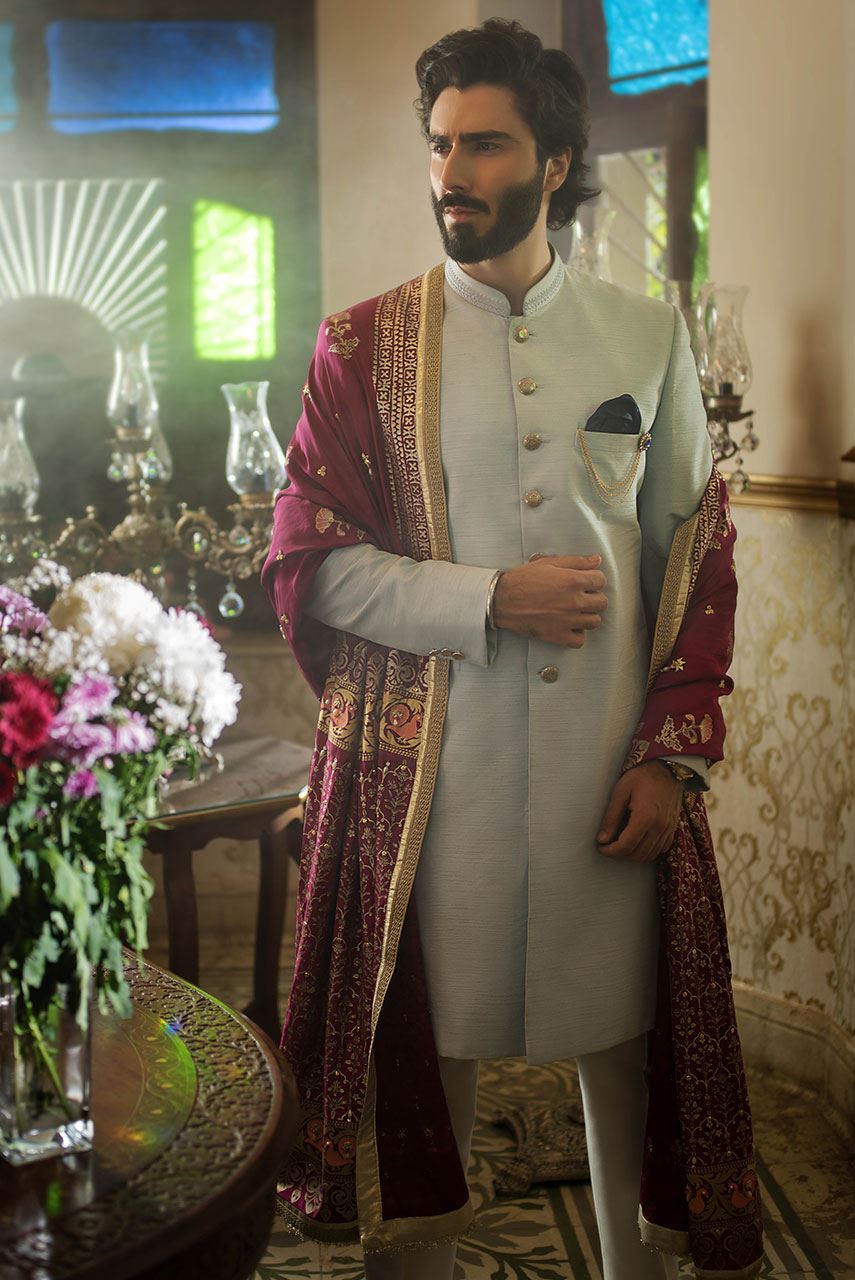 Sky Blue Raw Silk Sherwani with Gold Buttons (3-Piece) - Image 1