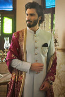 Sky Blue Raw Silk Sherwani with Gold Buttons (3-Piece) - Image 3