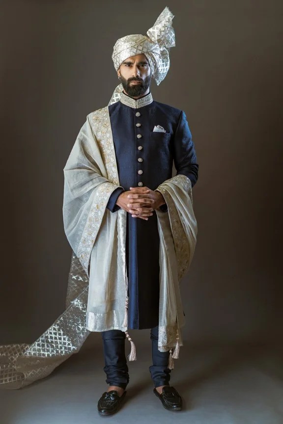 Royal Blue Embroidered Raw Silk Groom Sherwani (3-Piece) - Image 1