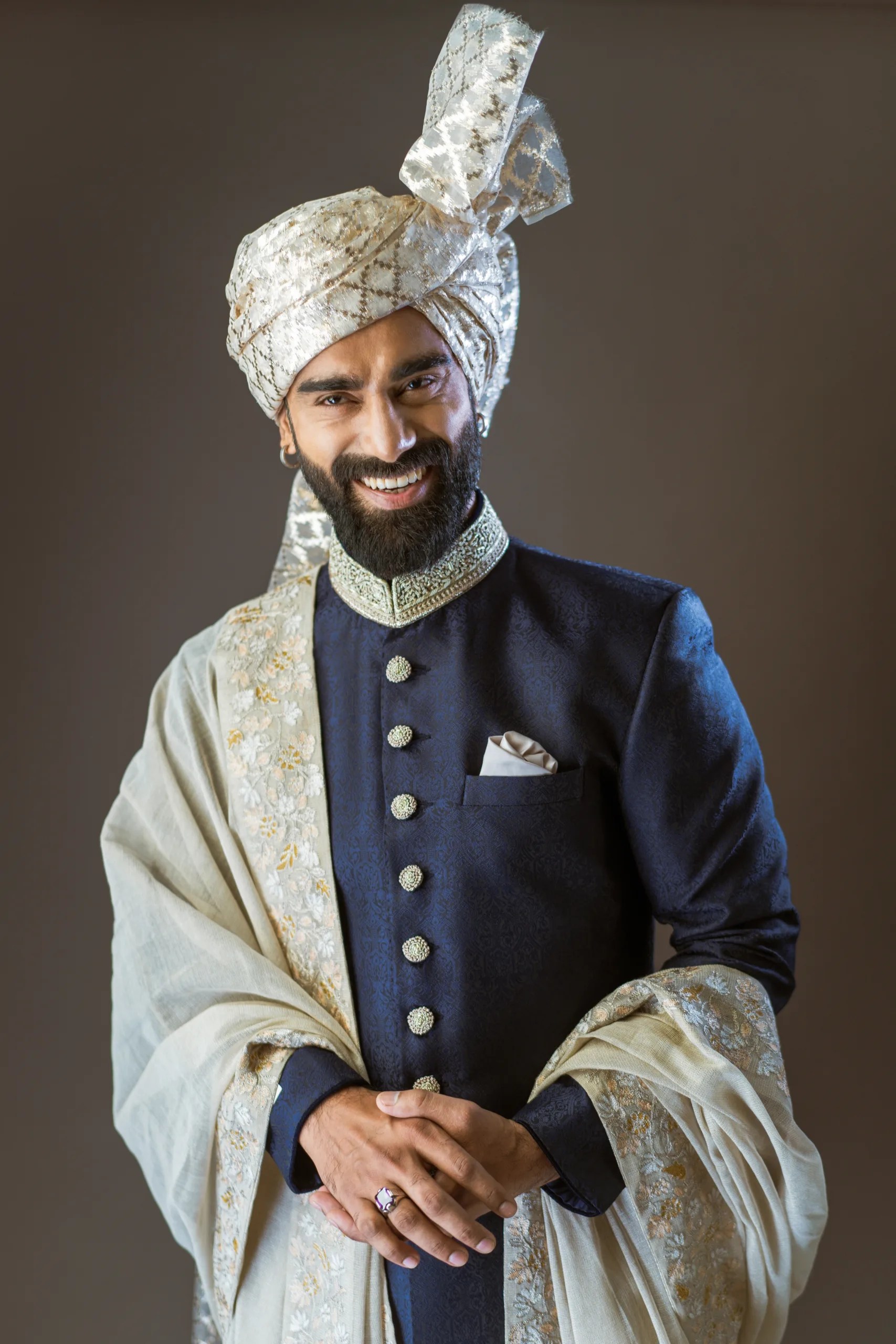 Royal Blue Embroidered Raw Silk Groom Sherwani (3-Piece) - Image 3