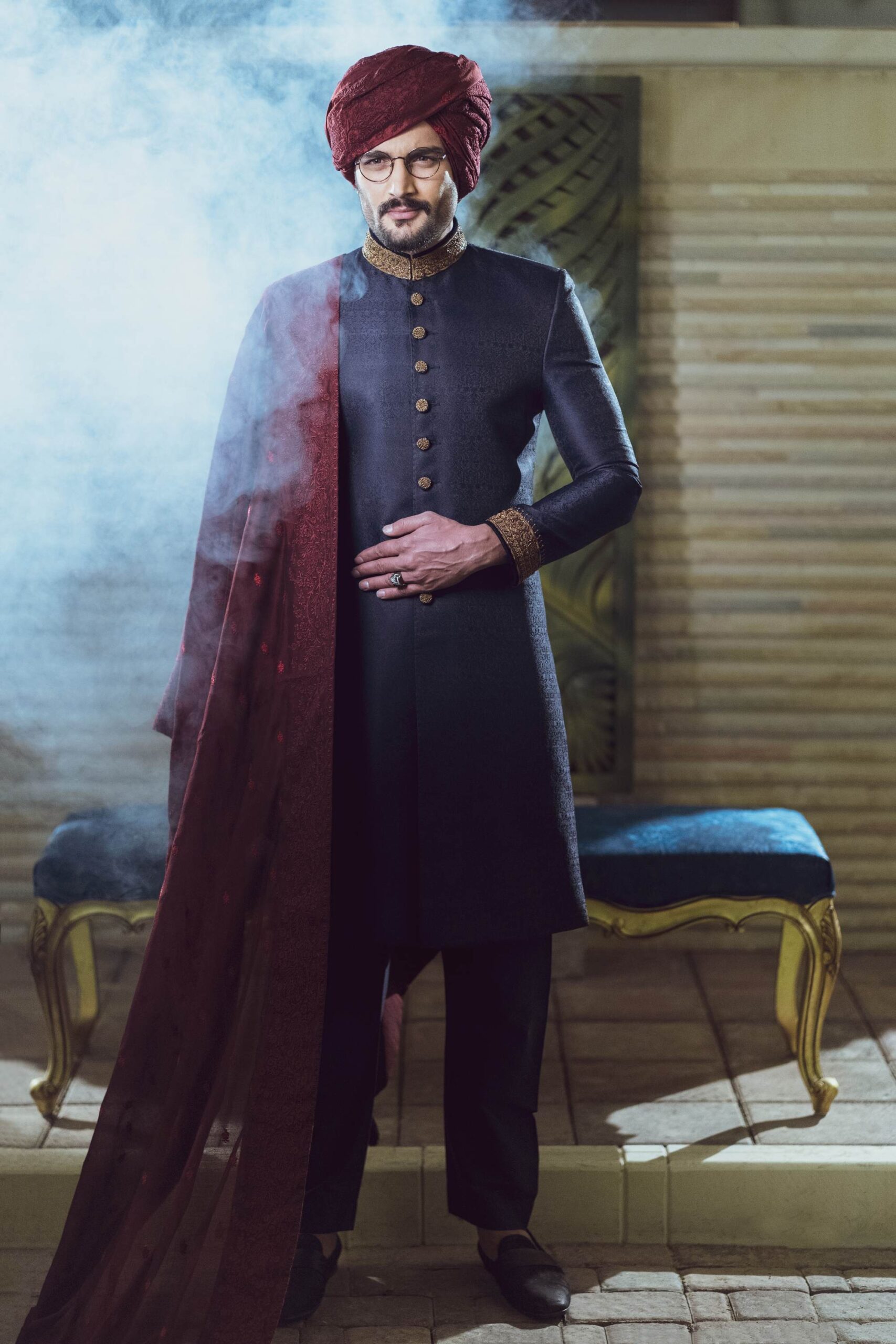 Prussian Blue Embroidered Raw Silk Groom Sherwani (4-Piece) - Image 1