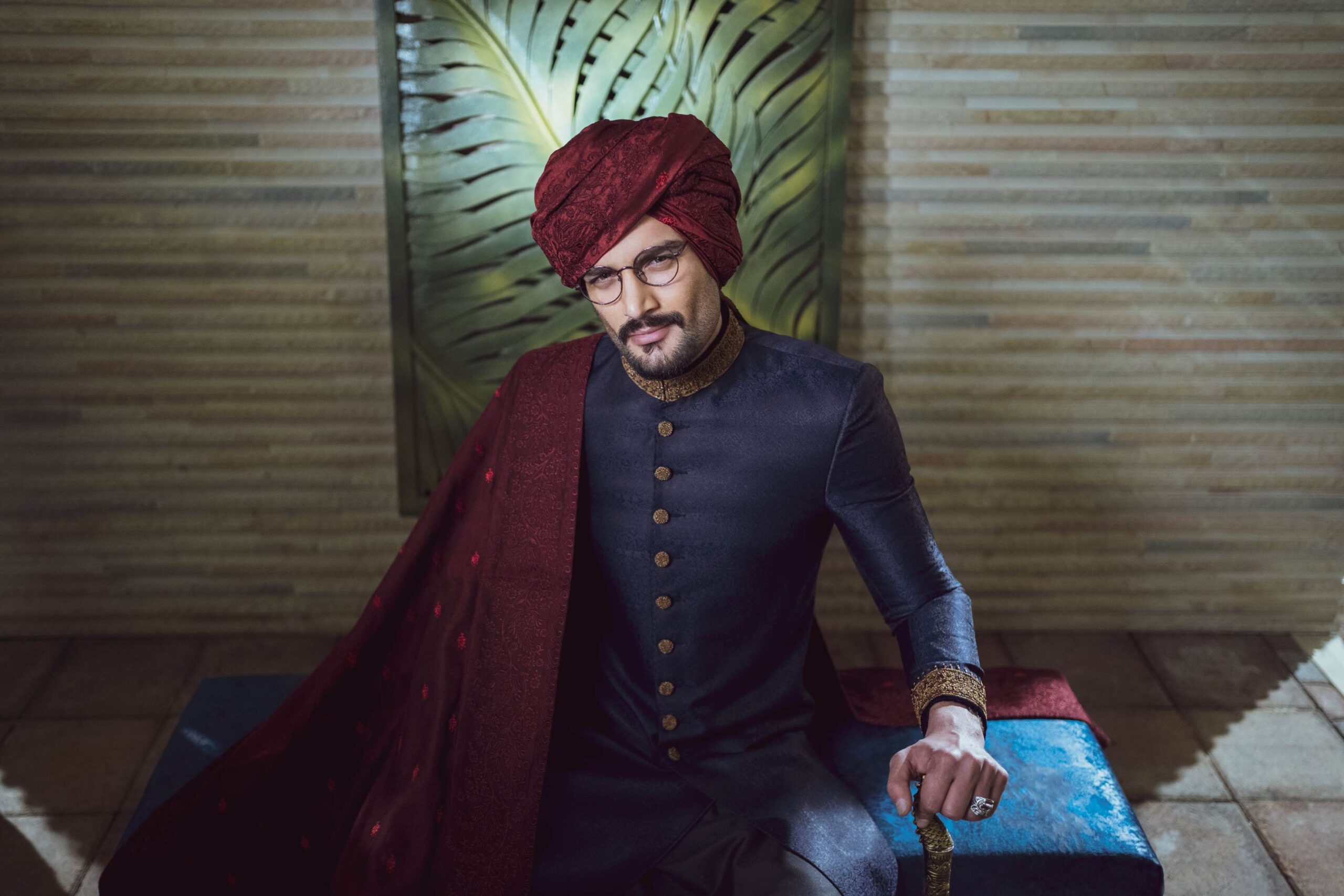 Prussian Blue Embroidered Raw Silk Groom Sherwani (4-Piece) - Image 2