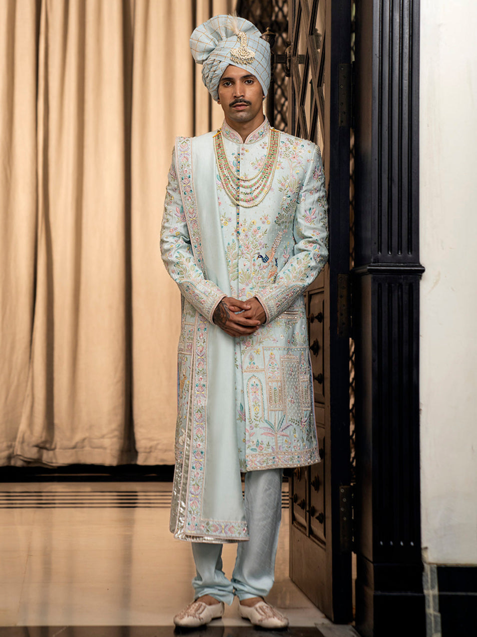 Ice Blue Embroidered Rose Silk Sherwani (3-Piece) - Image 1