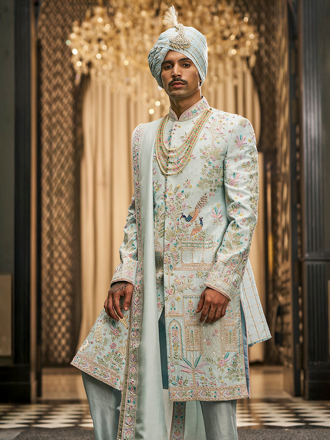 Ice Blue Embroidered Rose Silk Sherwani (3-Piece) - Image 3