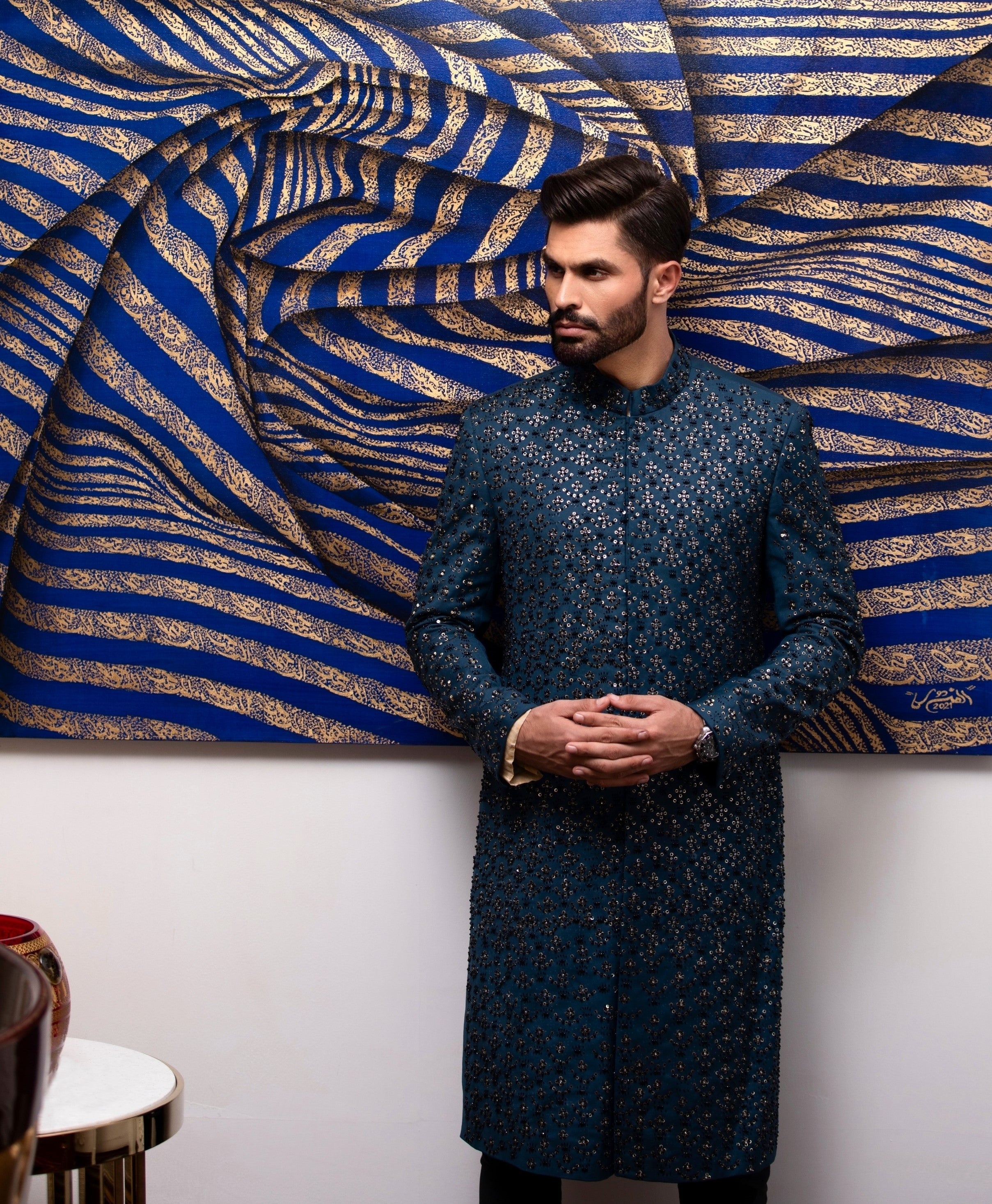 Sapphire Blue Hand-Embroidered Silk-Blend Sherwani (2-Piece) - Image 1