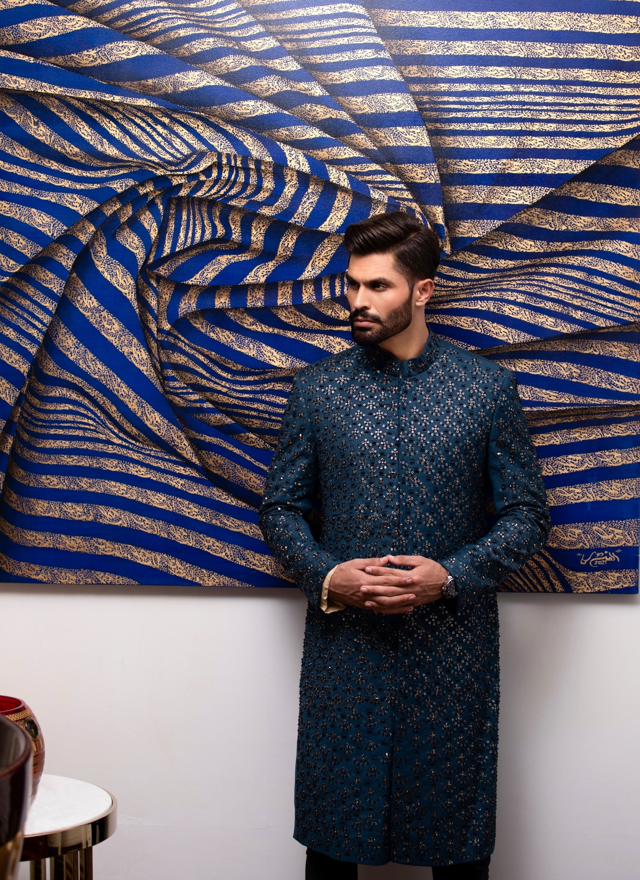 Sapphire Blue Hand-Embroidered Silk-Blend Sherwani (2-Piece) - Image 2