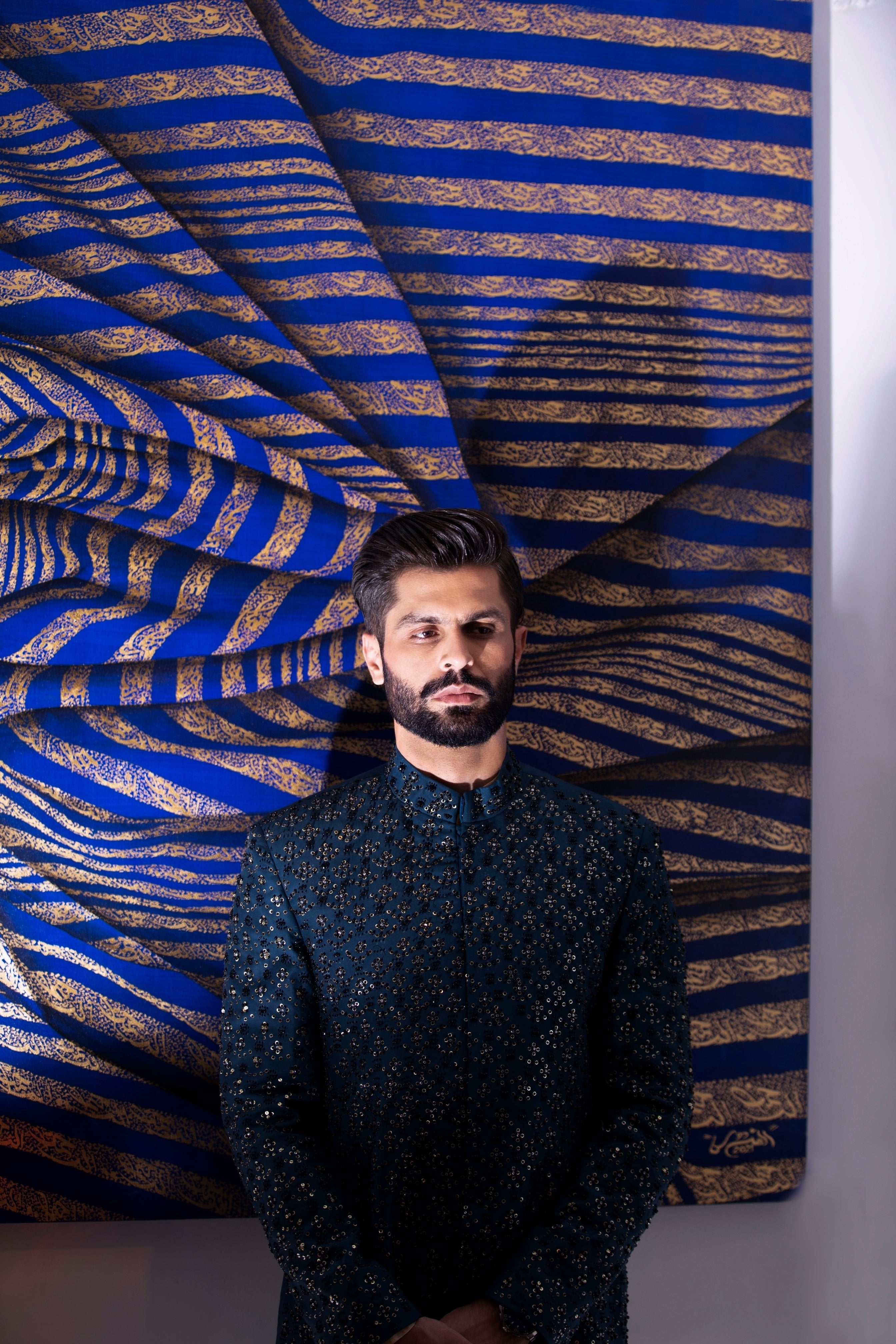 Sapphire Blue Hand-Embroidered Silk-Blend Sherwani (2-Piece) - Image 3