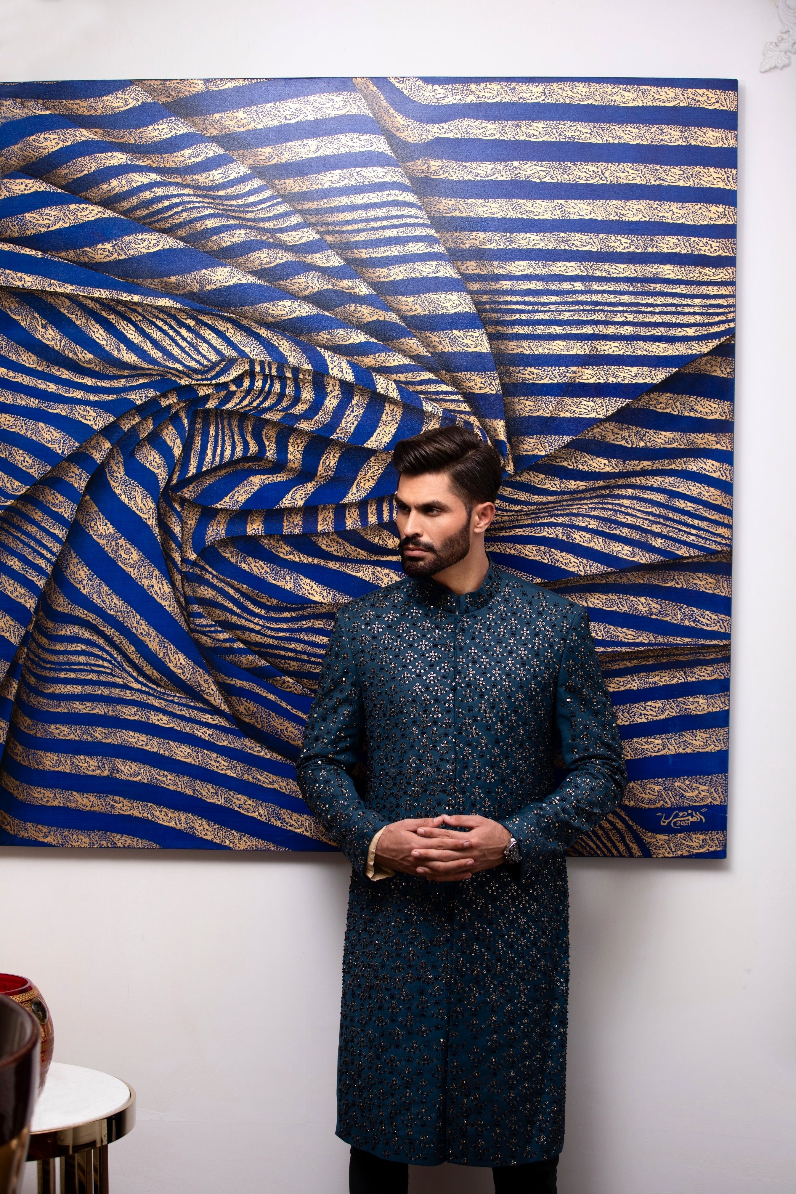 Sapphire Blue Hand-Embroidered Silk-Blend Sherwani (2-Piece) - Image 5