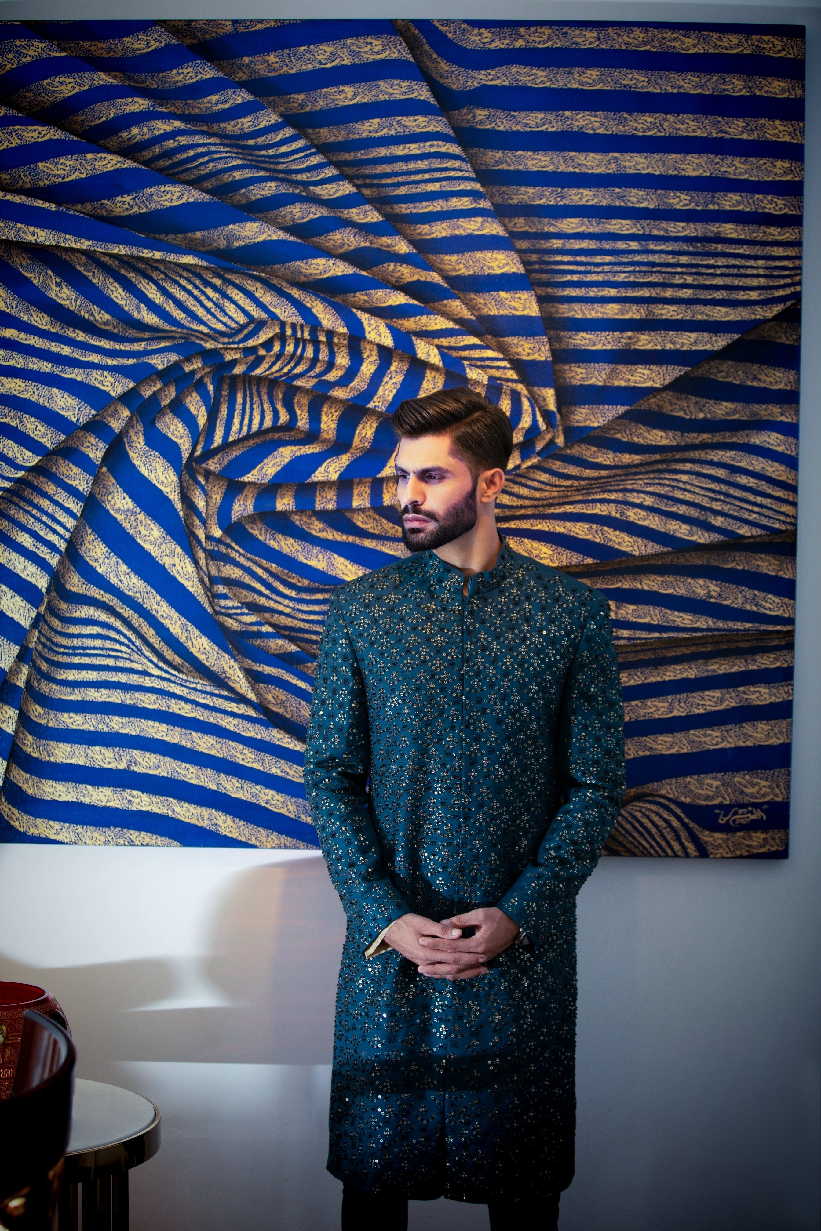 Sapphire Blue Hand-Embroidered Silk-Blend Sherwani (2-Piece) - Image 7