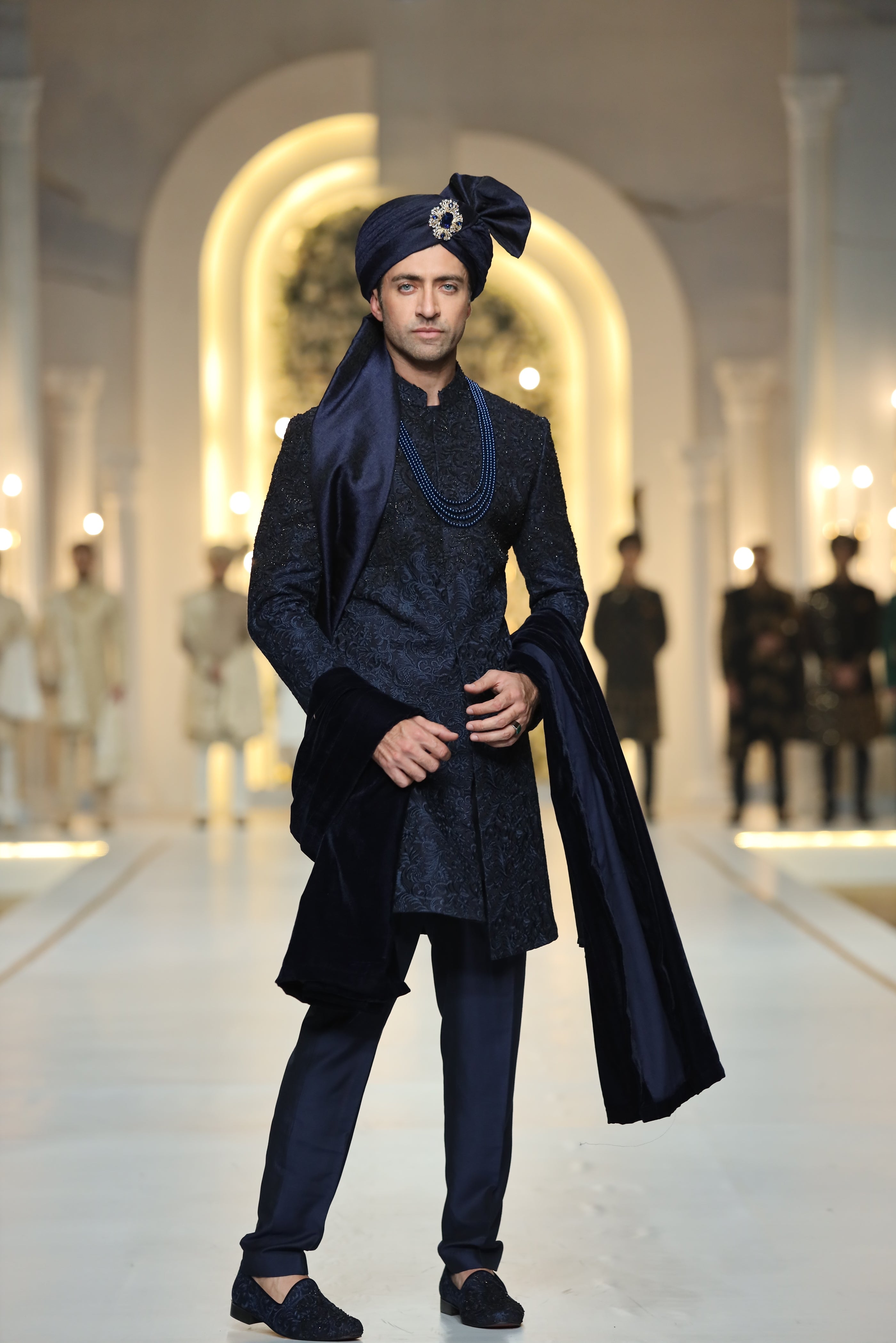 Navy Blue Hand-Embroidered Silk Blend Sherwani (3-Piece) - Image 2