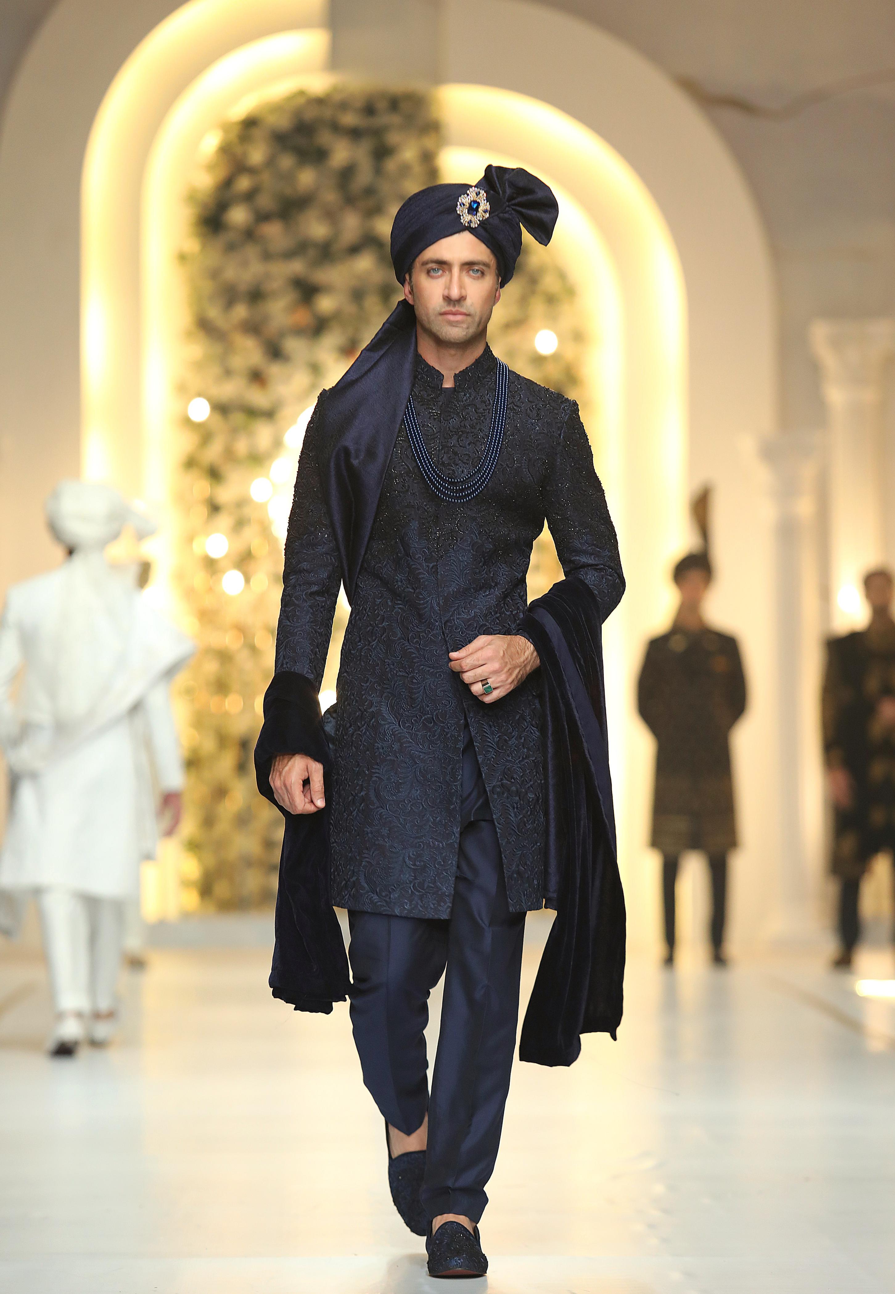 Navy Blue Hand-Embroidered Silk Blend Sherwani (3-Piece) - Image 3