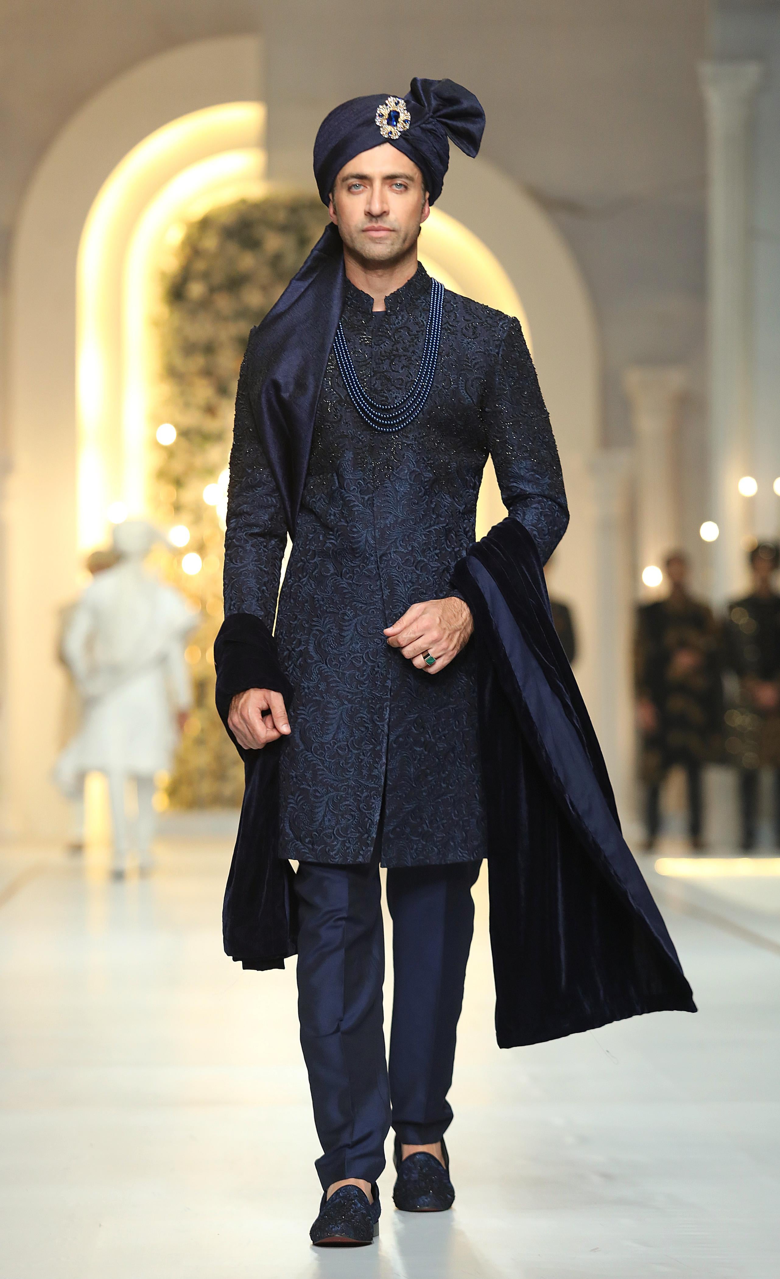 Navy Blue Hand-Embroidered Silk Blend Sherwani (3-Piece) - Image 4