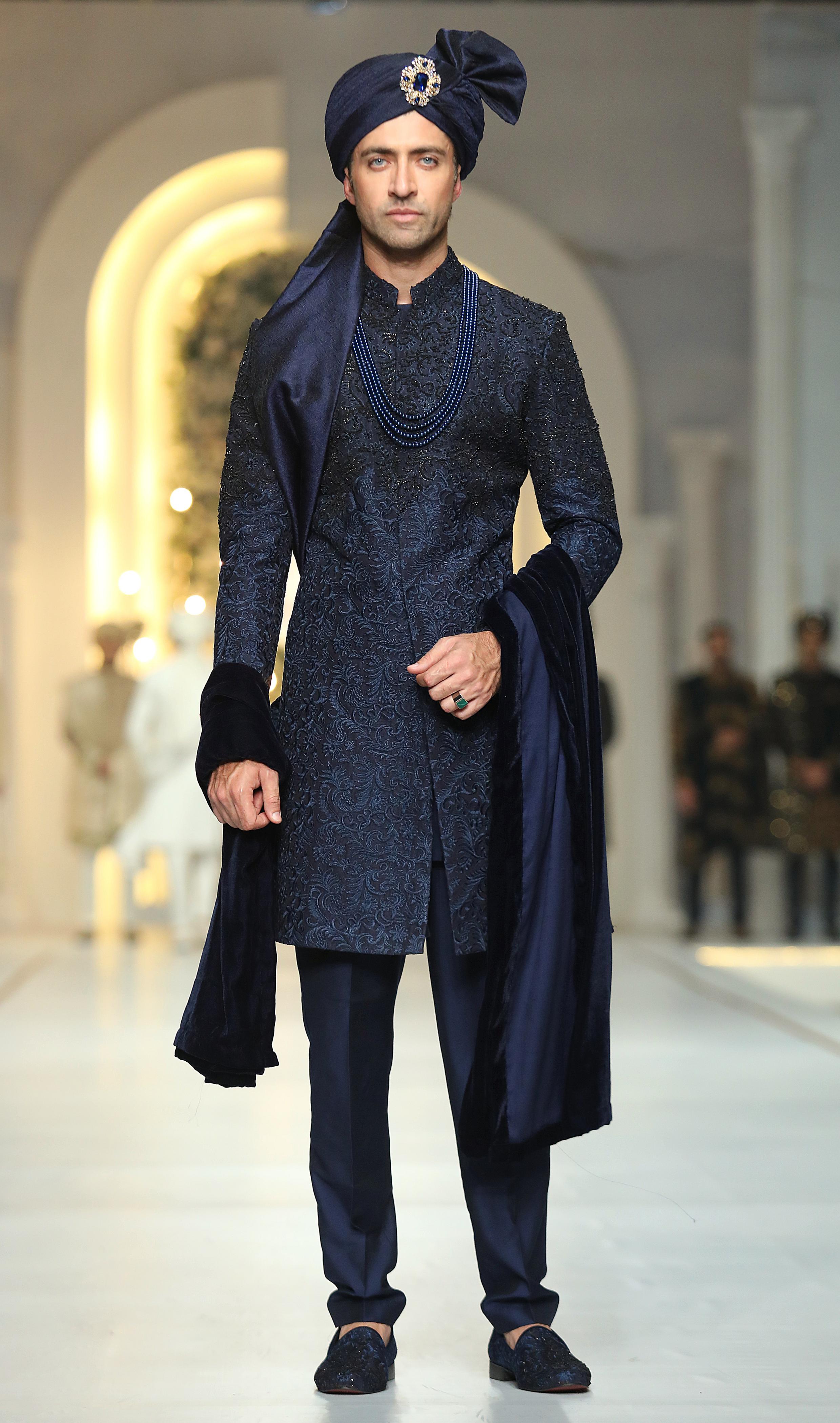 Navy Blue Hand-Embroidered Silk Blend Sherwani (3-Piece) - Image 5