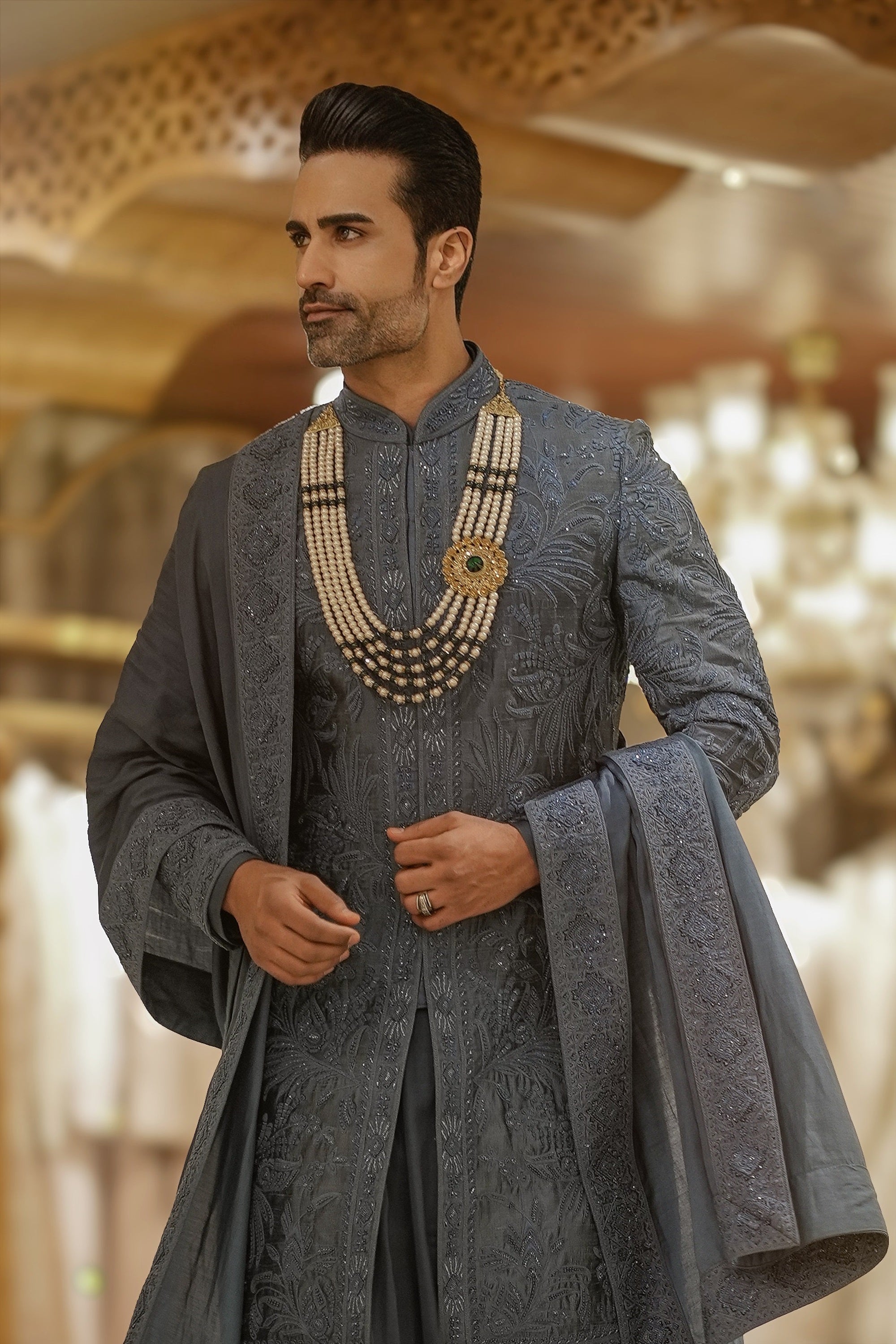 Stone Blue Embroidered Silk Blend Sherwani (6-Piece) - Image 1