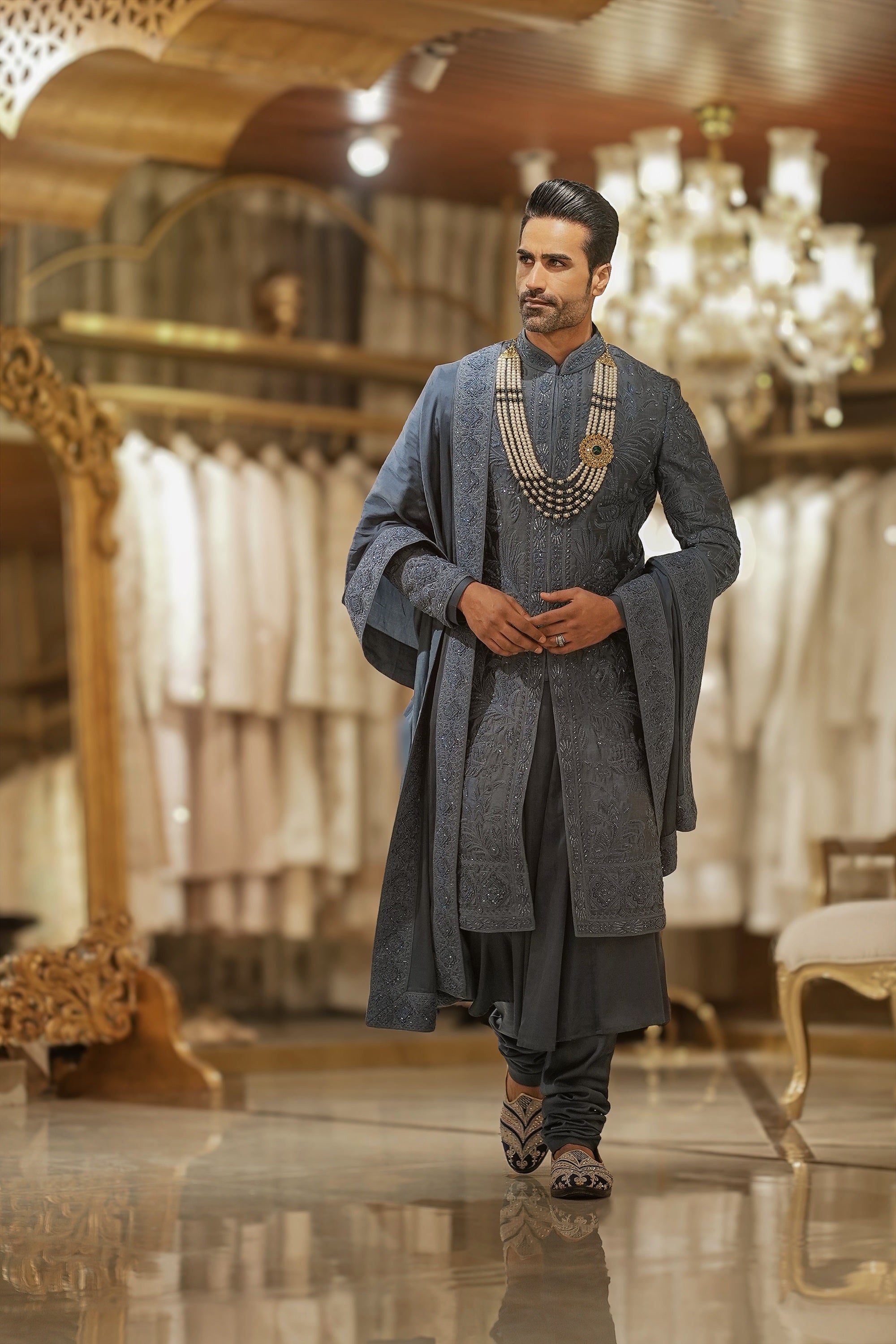 Stone Blue Embroidered Silk Blend Sherwani (6-Piece) - Image 2