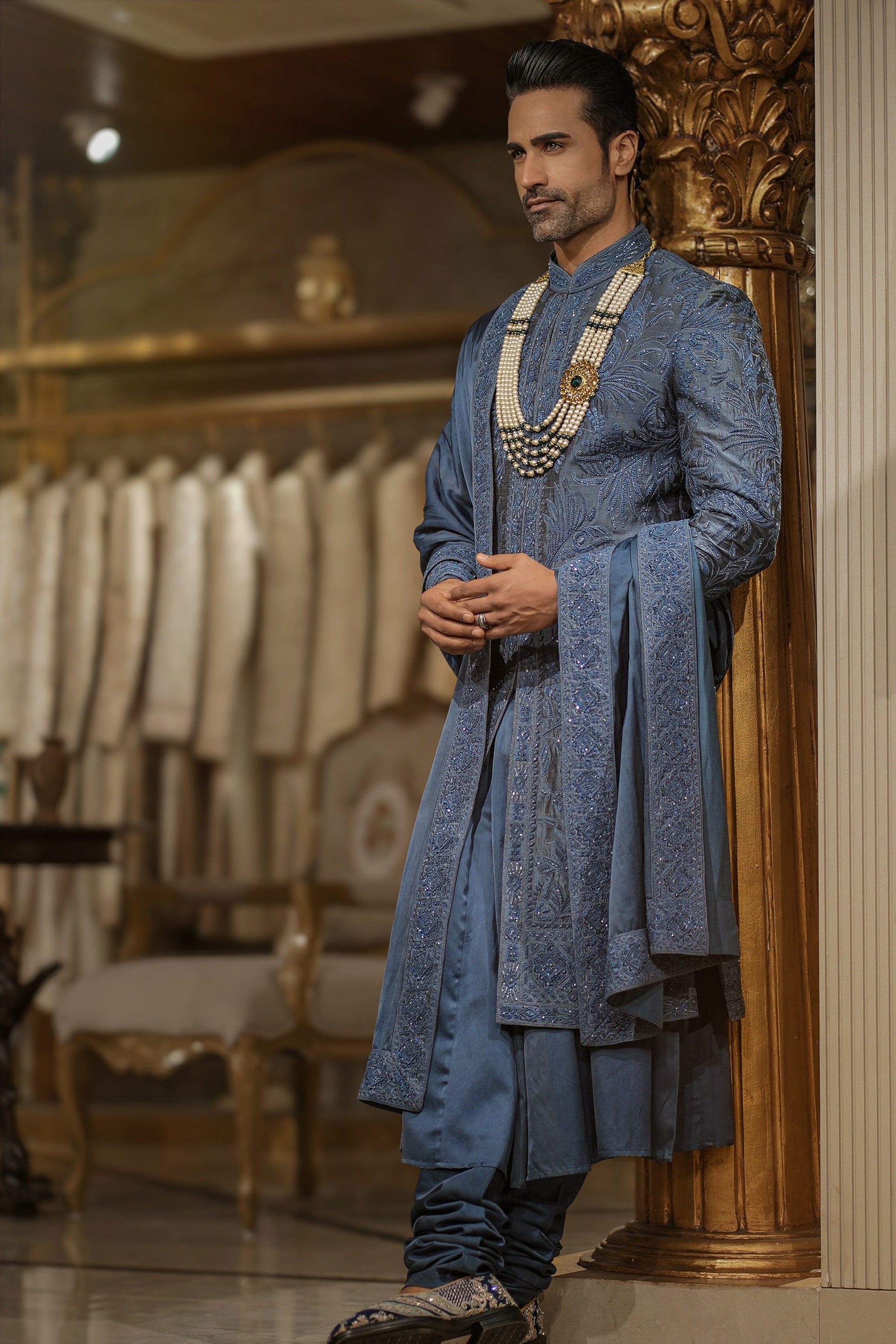 Stone Blue Embroidered Silk Blend Sherwani (6-Piece) - Image 3