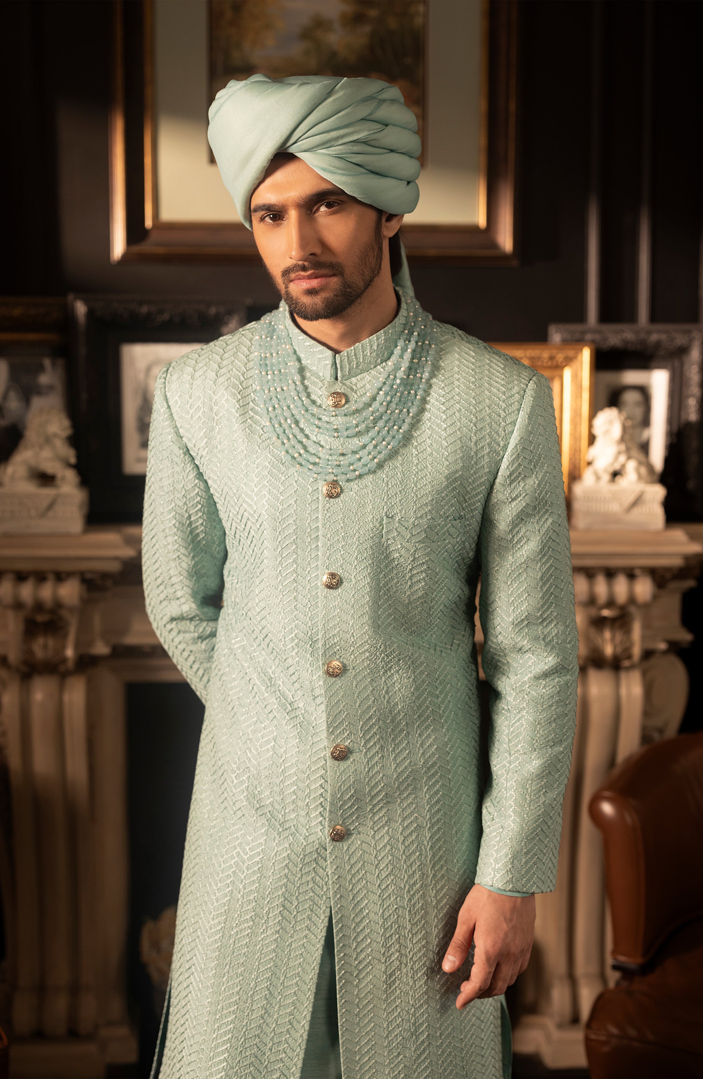 Mint Blue Embroidered Silk Groom Sherwani (3-Piece) - Image 1