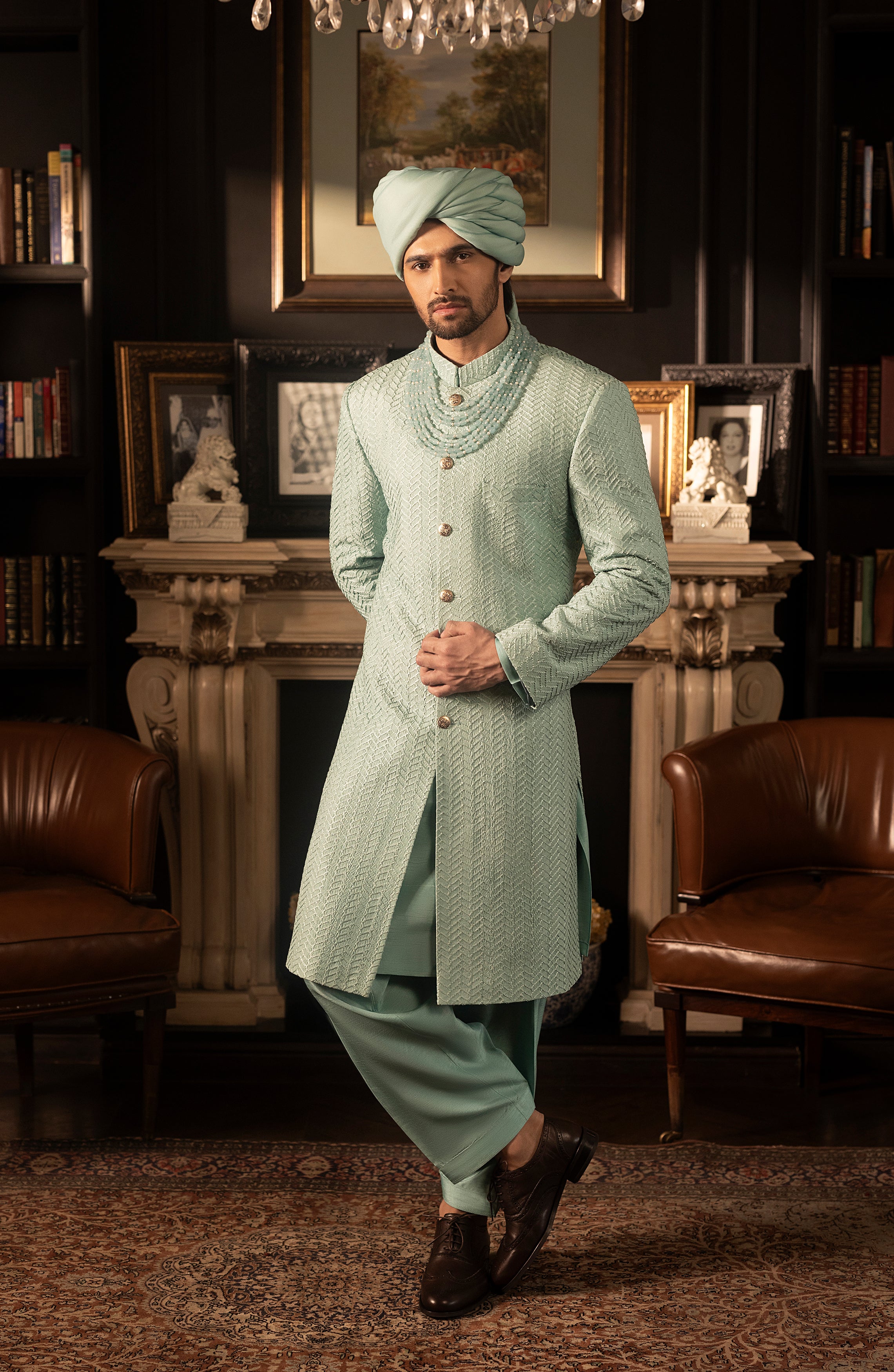 Mint Blue Embroidered Silk Groom Sherwani (3-Piece) - Image 2